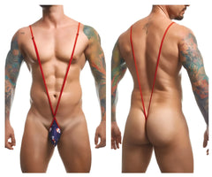 Red stringed men’s thong with navy blue floral front pattern in justin simon xsj04 sling color mexico style