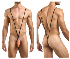 Black stringed men’s thong with peach-colored pouch and white tag from justin+simon xsj04 sling color ochre collection