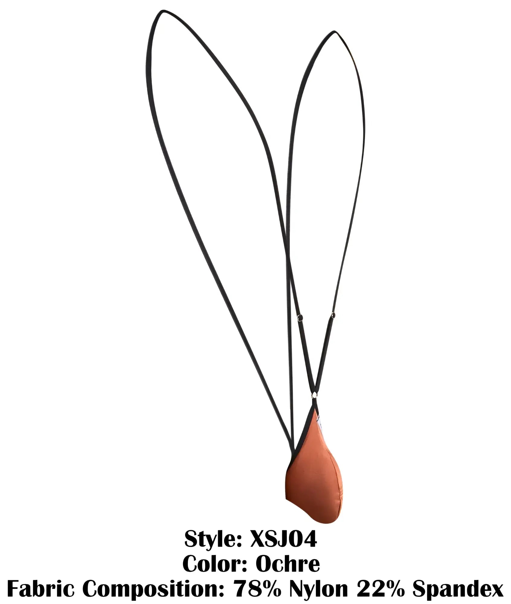 Ochre-colored teardrop pendant sling made of 78 nylon 22 spandex suspended from a black cord by JUSTIN+SIMON