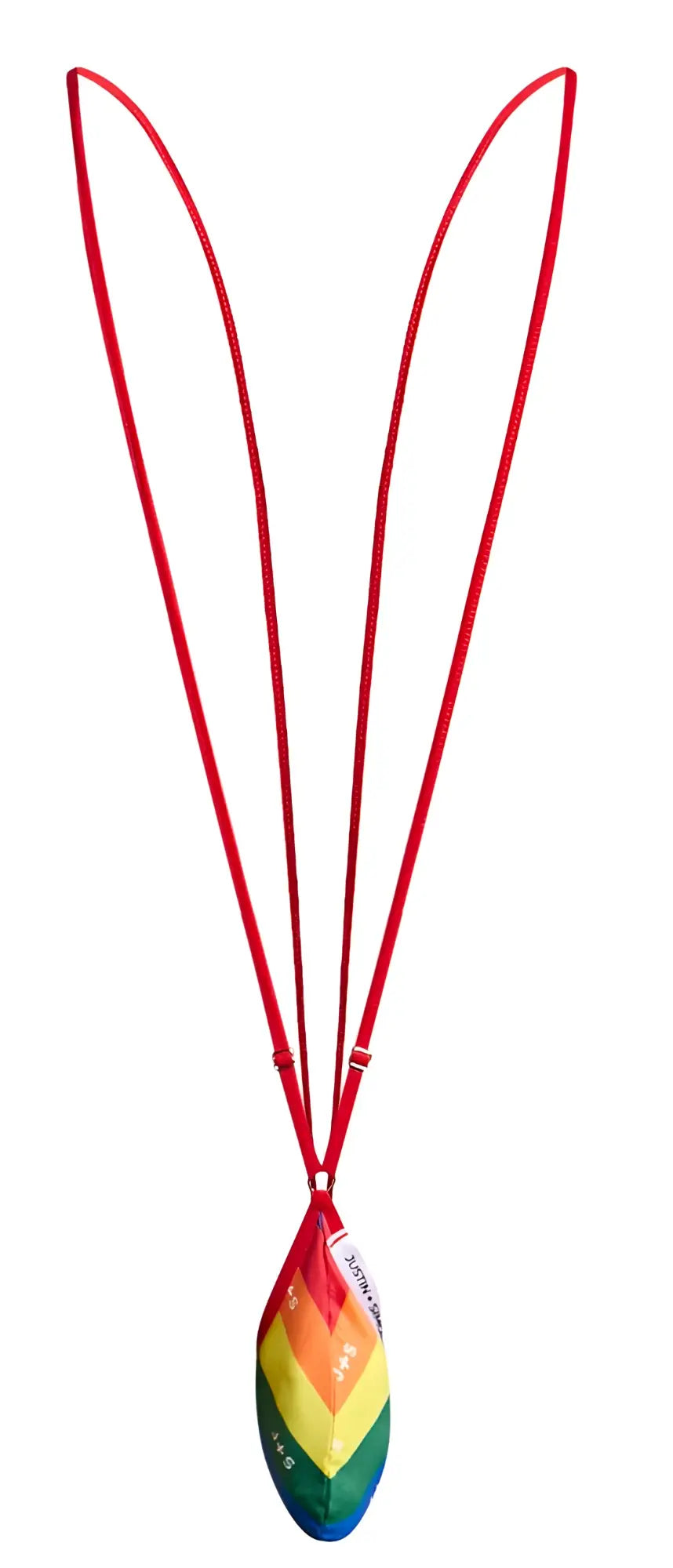 Rainbow-colored feather-shaped pendant on a red cord from JUSTIN+SIMON XSJ04 Sling Color Pride Flag collection
