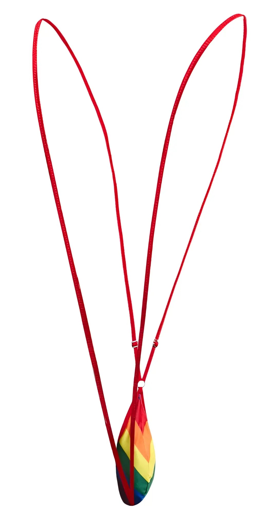 A vibrant rainbow-colored teardrop-shaped sling pendant hanging from a red cord for pride flag support