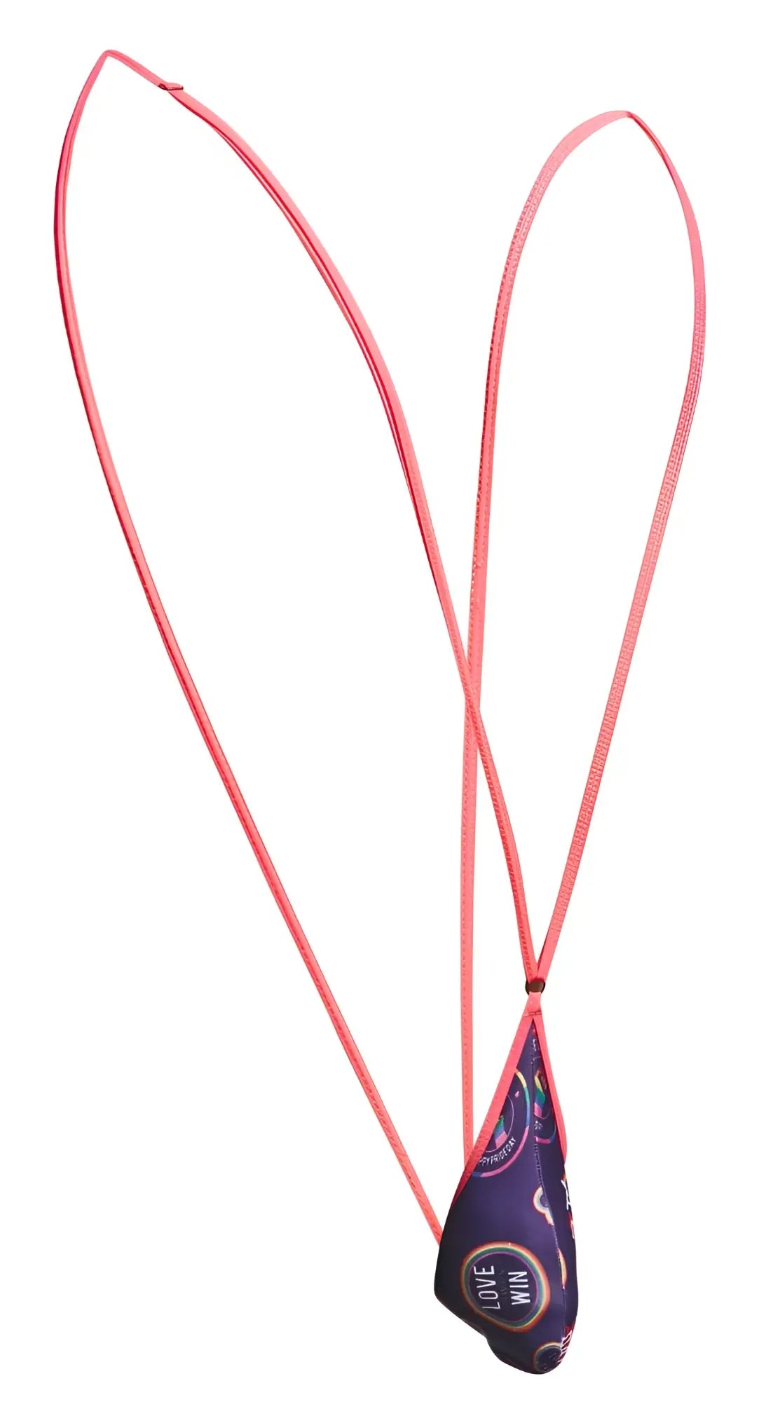 Pink elastic cord bracelet with purple patterned pendant featuring white love win text from justin simon xsj04 sling pride