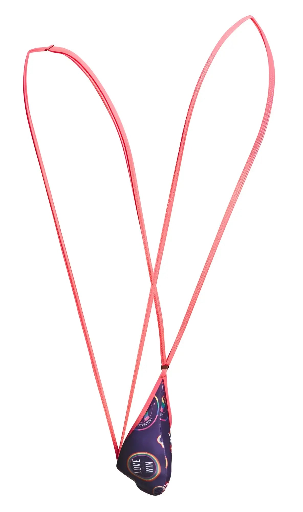 Pink elastic lanyard with purple fabric pouch featuring love win text and circular design in justin simon xsj04 sling color pride