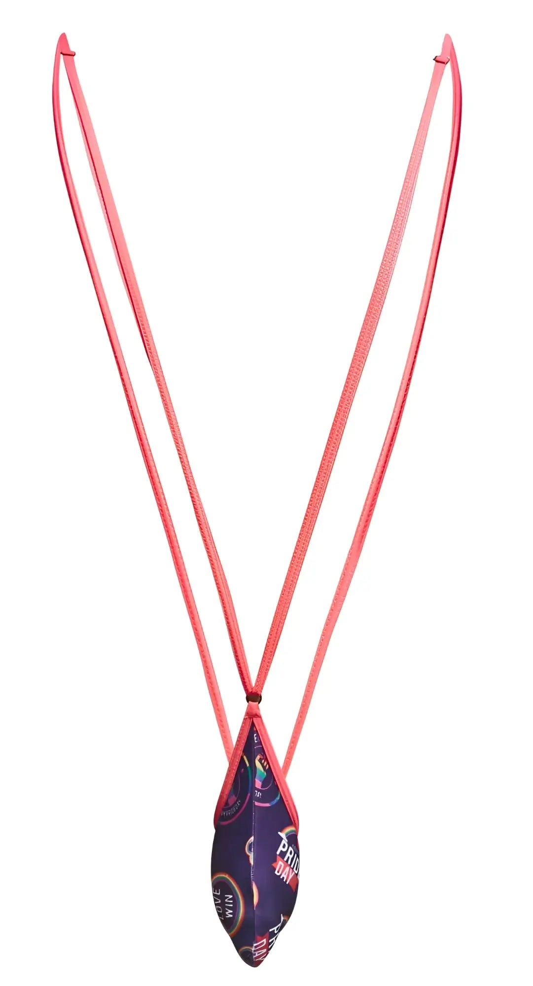A vibrant pink corded necklace featuring a teardrop pendant with a purple and gold sports-themed print from justin simon xsj04 sling color pride