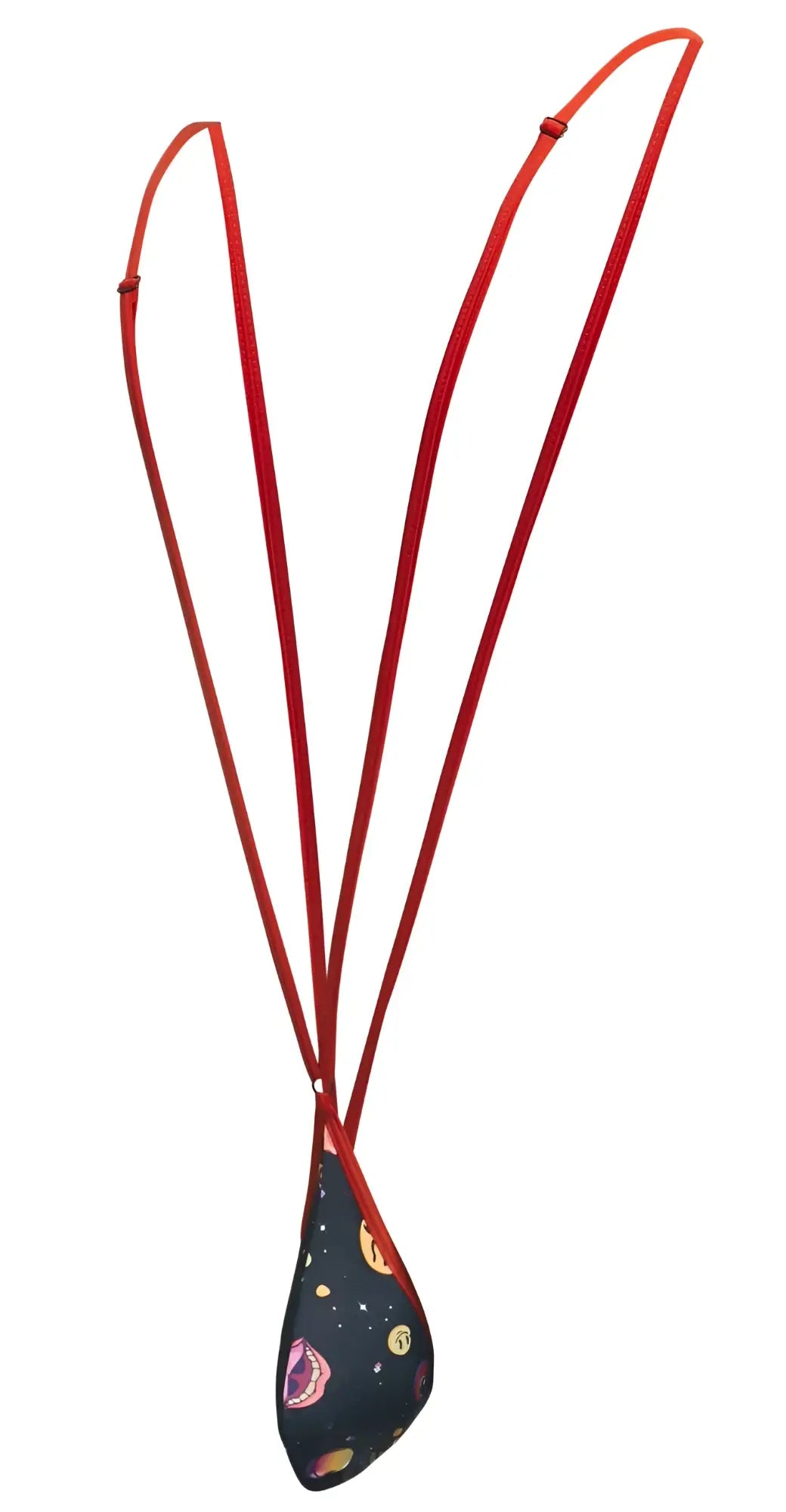 Red corded necklace with a dark teardrop pendant featuring colorful cosmic patterns from Justin Simon XSJ04 sling psychedelic
