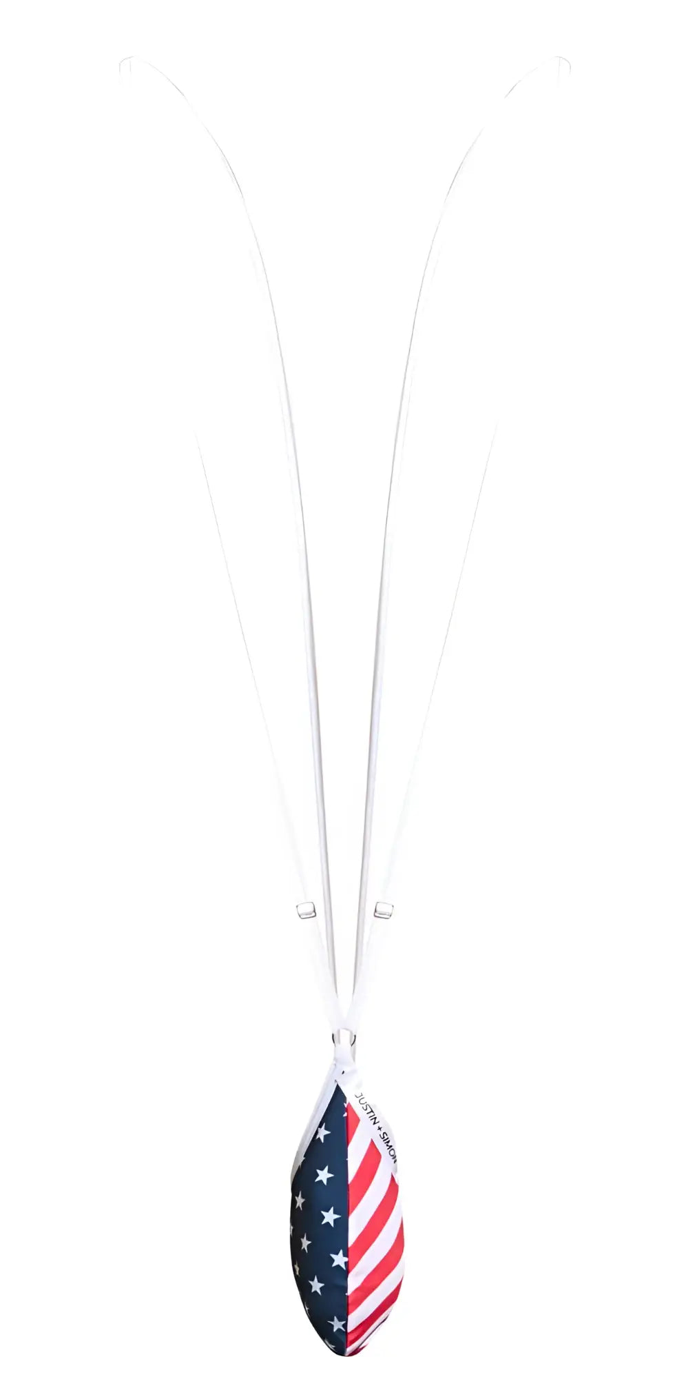 White cord necklace with teardrop pendant featuring American flag design red white stripes and blue stars justin simon xsj04
