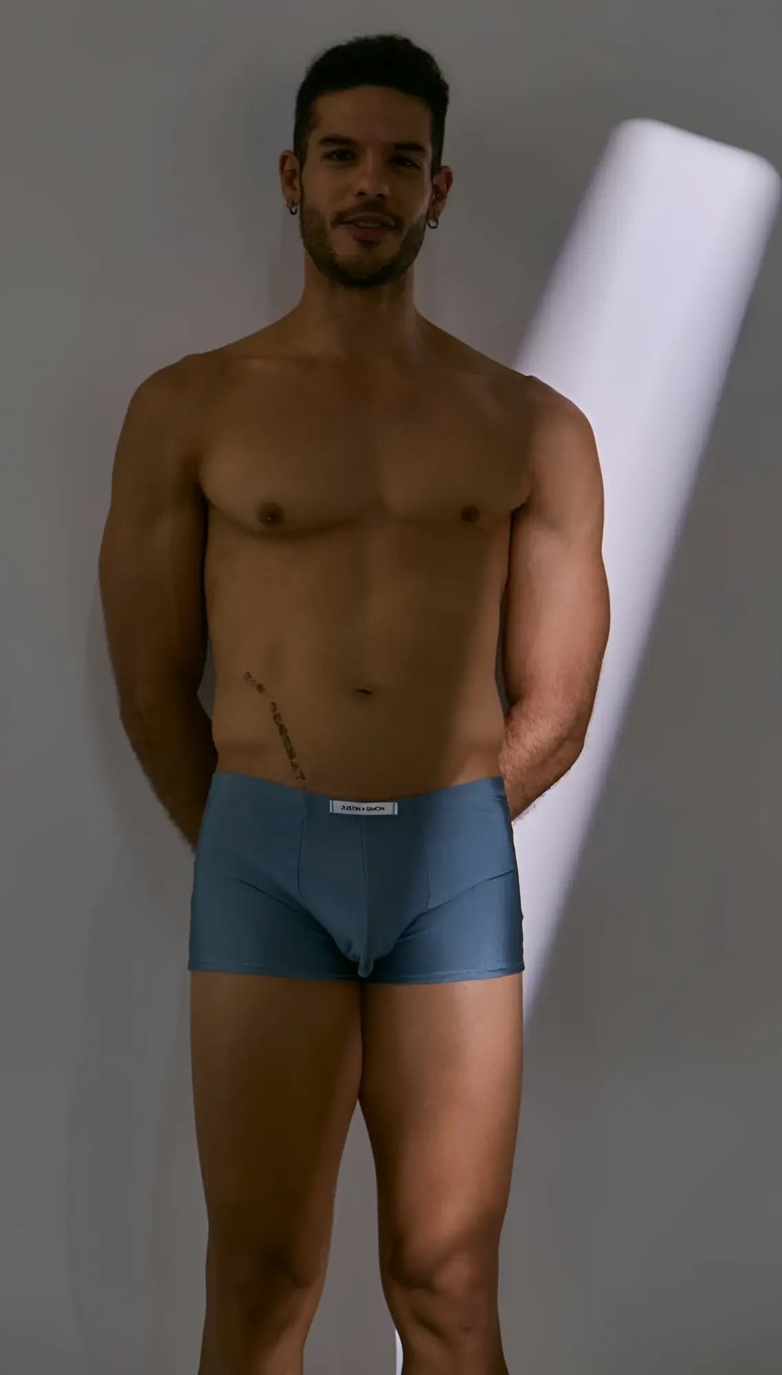 Blue men’s boxer briefs with white waistband label classic metal green color by justin simon xsj08