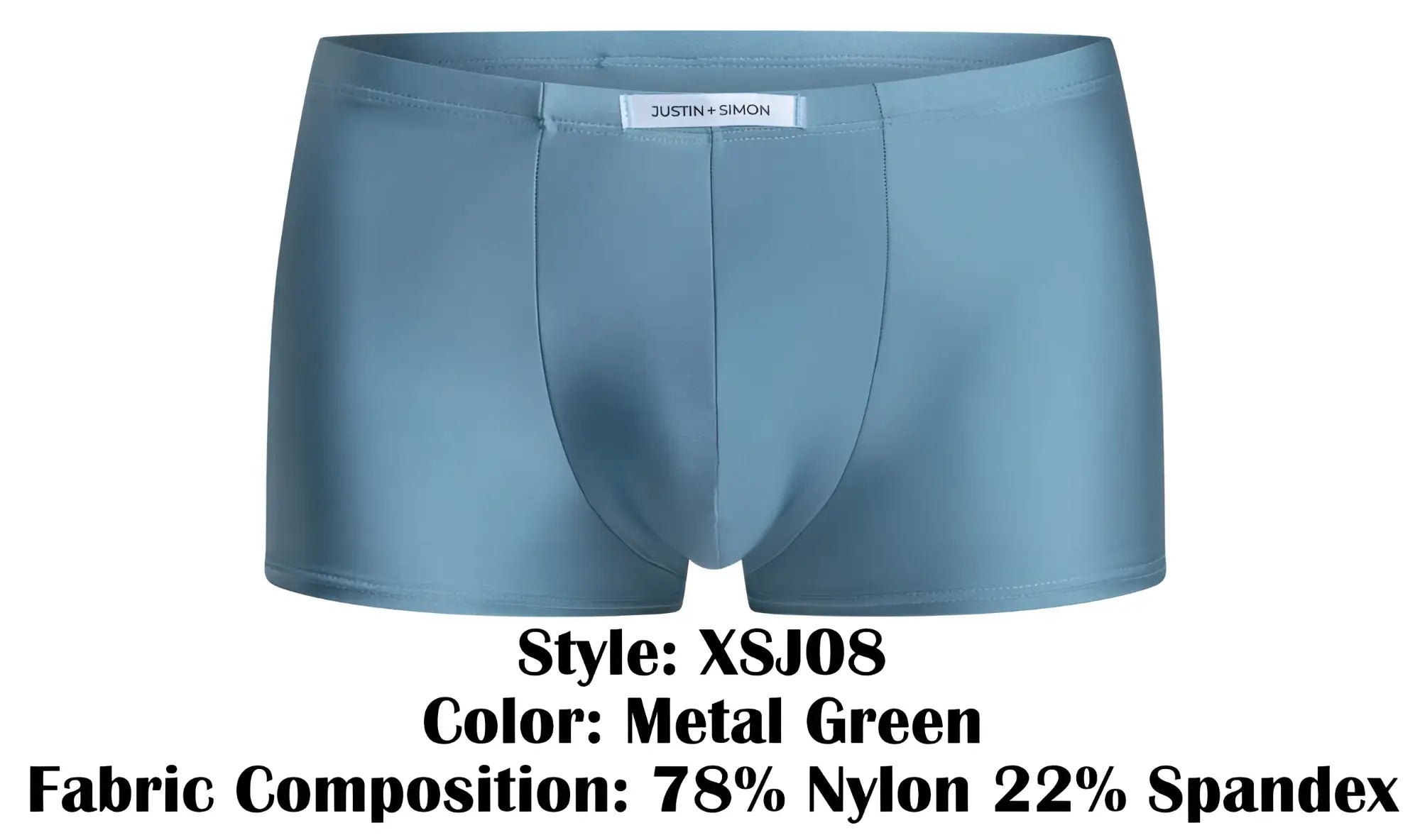 Metal green boxer briefs by justin and simon made from 78 percent nylon and 22 percent spandex for comfortable wear