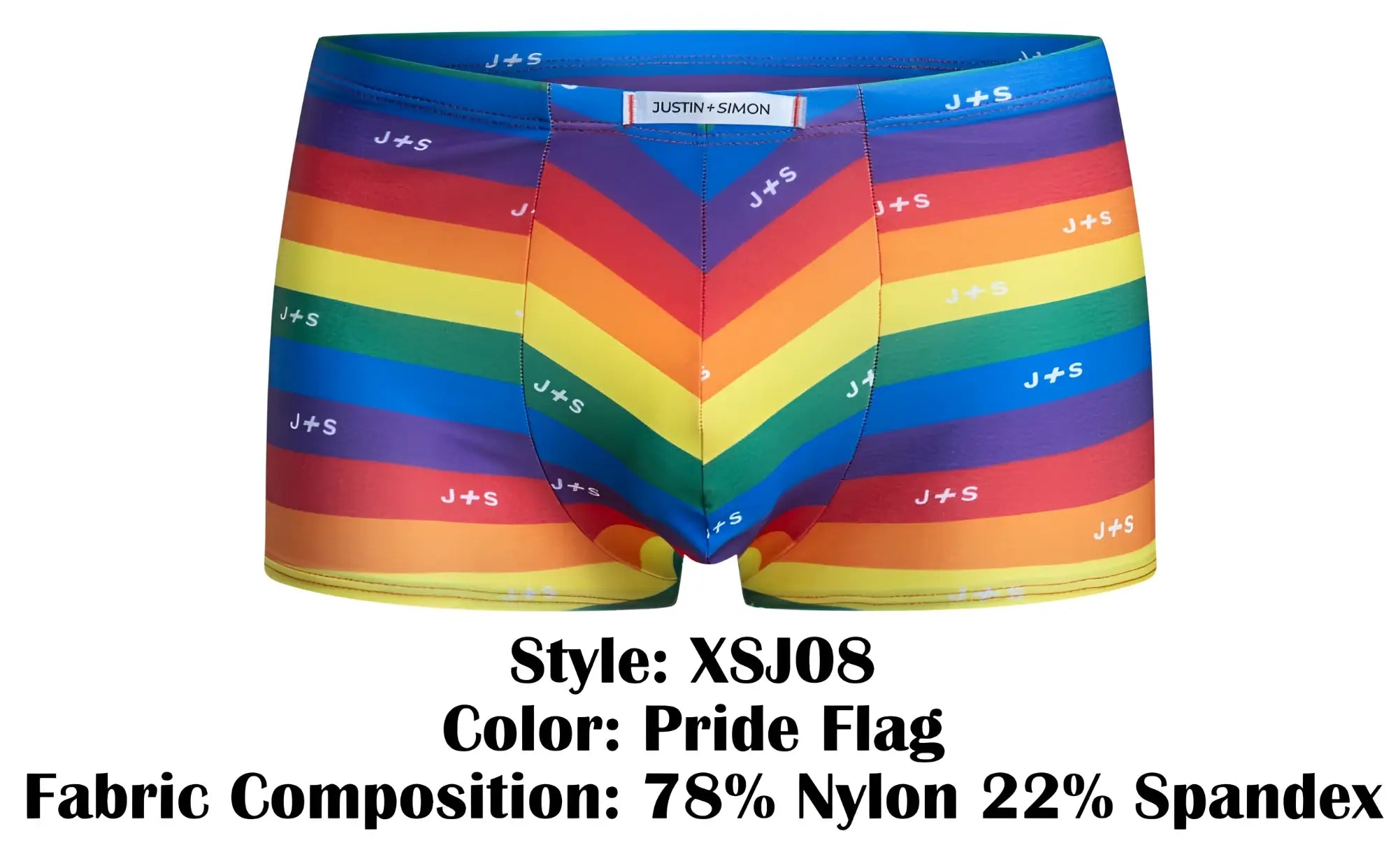 Justin+simone xsj08 classic boxer rainbow-striped pride flag colorway with j+s logo repeated on fabric