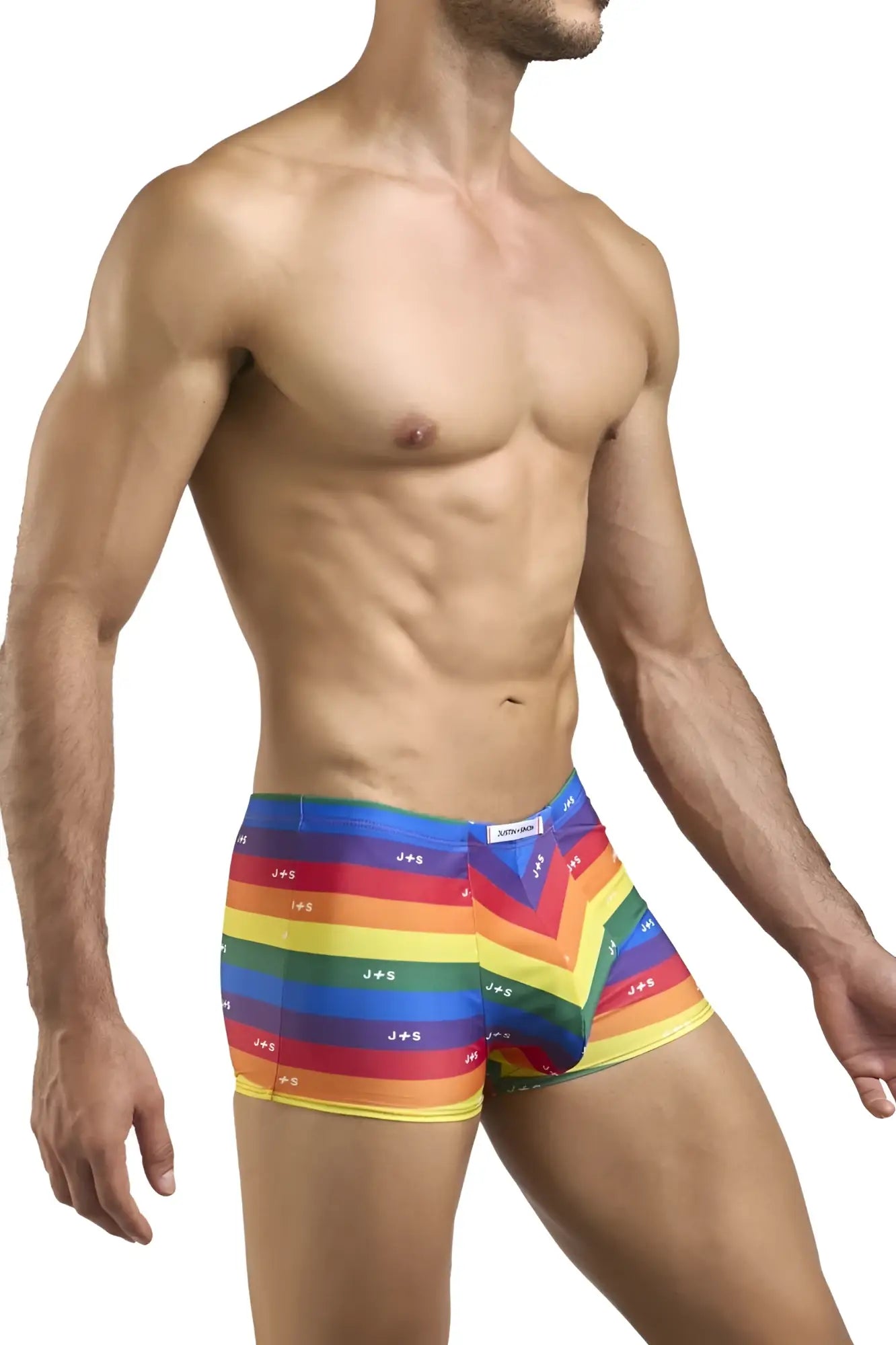 Justin simon xsj08 classic men’s boxer briefs in rainbow chevron pattern with repeating js logo and pride flag colors