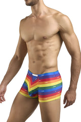 Justin+Simon classic boxer briefs with rainbow chevron stripes and repeating j+g logo in pride flag colors