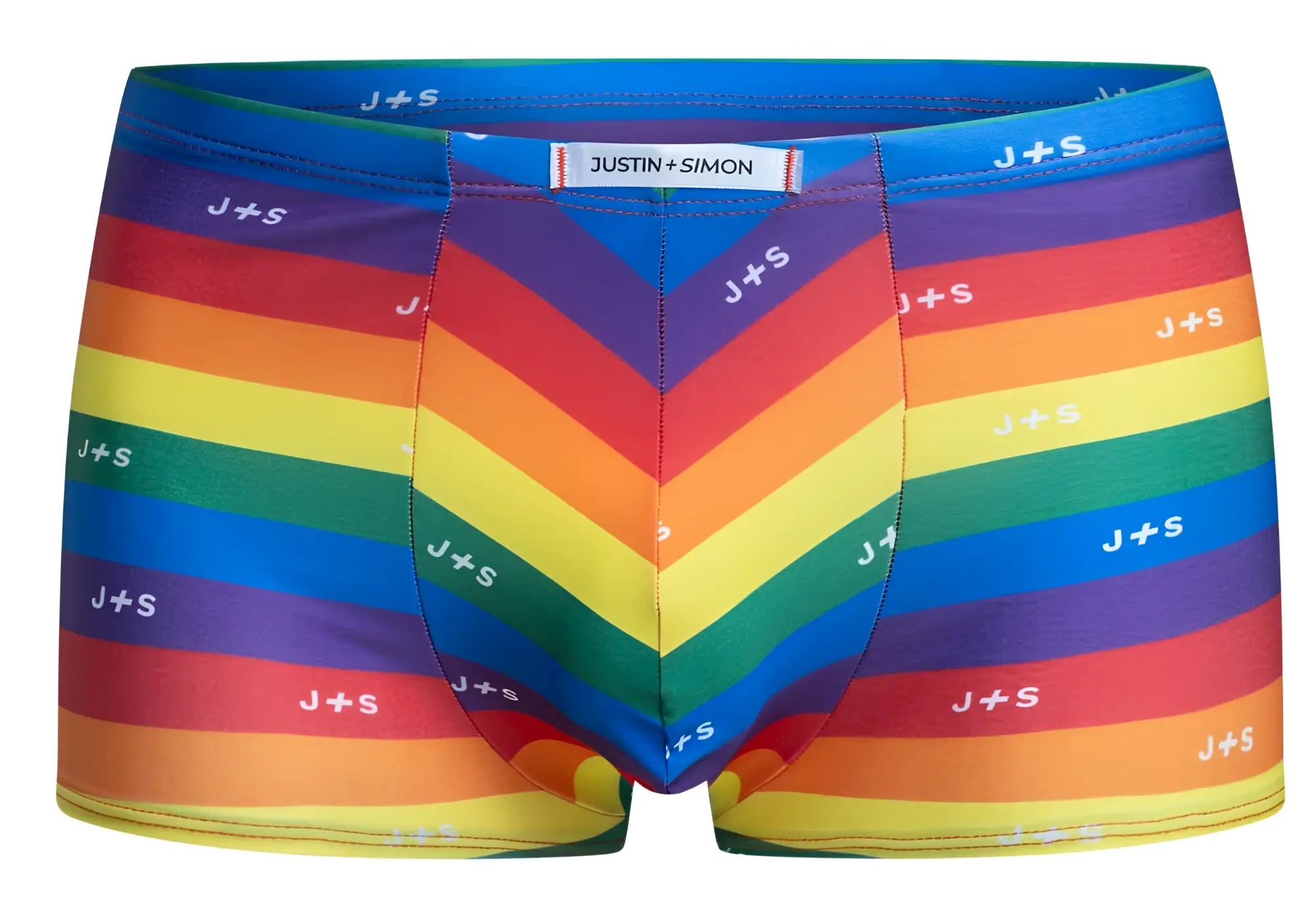 Rainbow-striped men’s briefs by justin simon with chevron pattern and repeating j plus s logo in pride flag colors