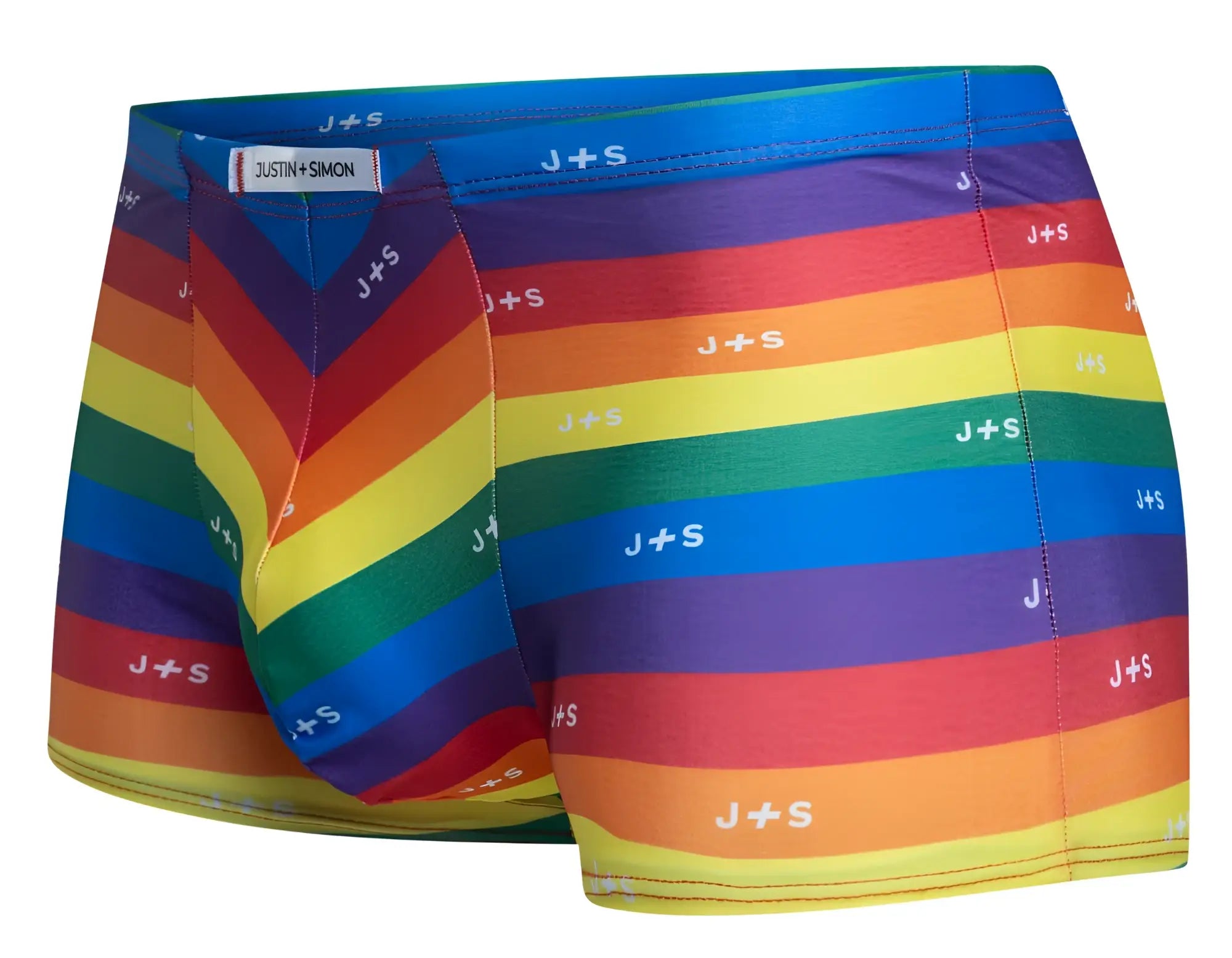 Rainbow-striped men’s boxer briefs with white js branding by justin+simon in classic pride flag colors