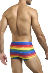 Rainbow-striped men’s briefs with repeating white jds logo from justin simon xsj08 classic boxer color pride flag collection