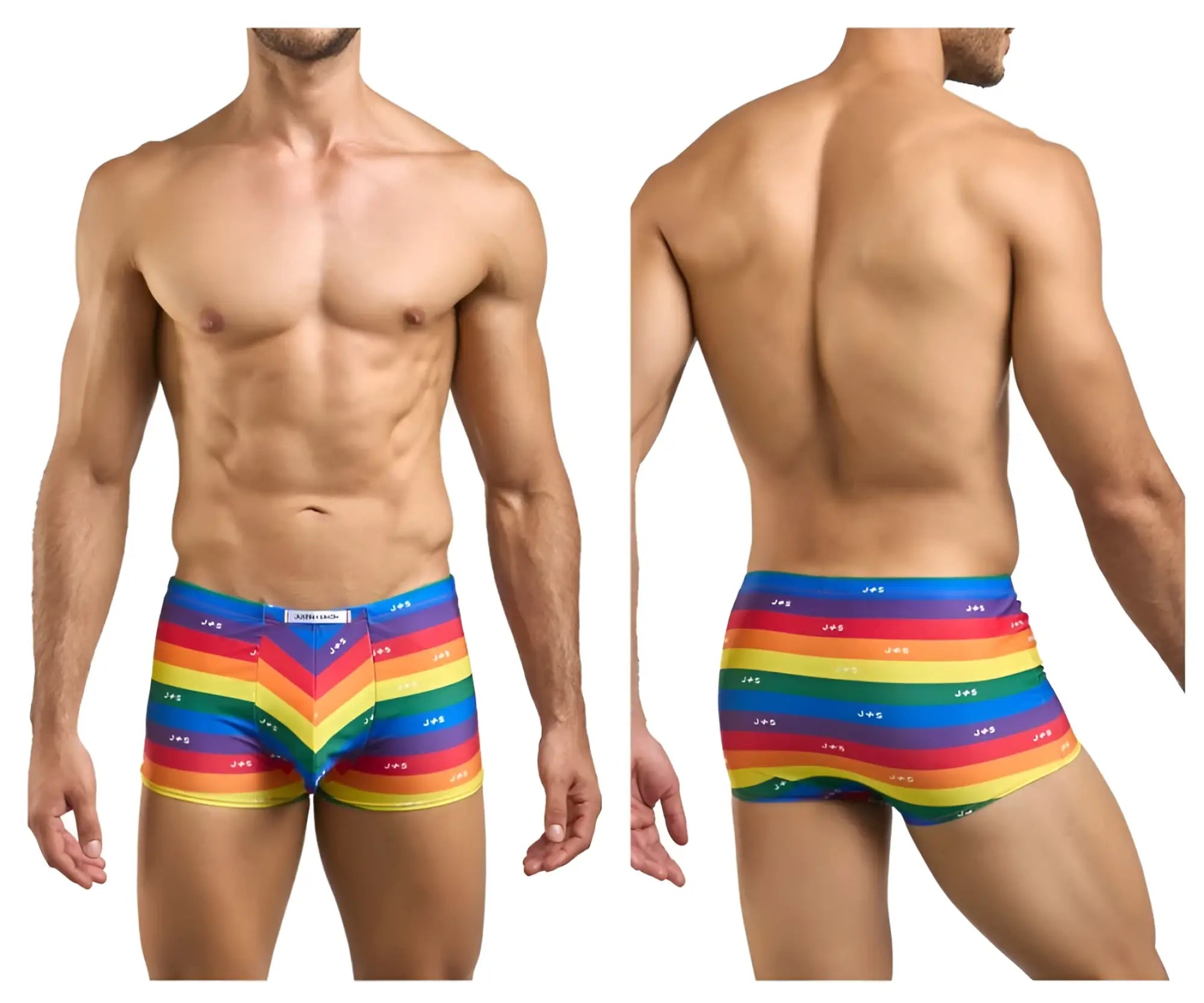 Justin simon xsj08 classic men’s boxer briefs with rainbow stripes and repeating jes logo pattern in pride flag colors