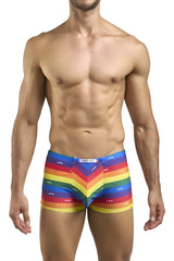 Vibrant rainbow-striped boxer briefs with chevron pattern and repeating j+s logo elastic waistband by justin+simon