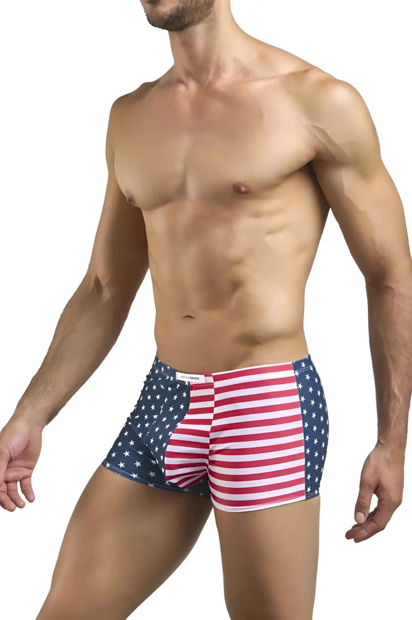 Justin simon xsj08 classic boxer briefs with american flag design featuring red white stripes and blue stars fabric