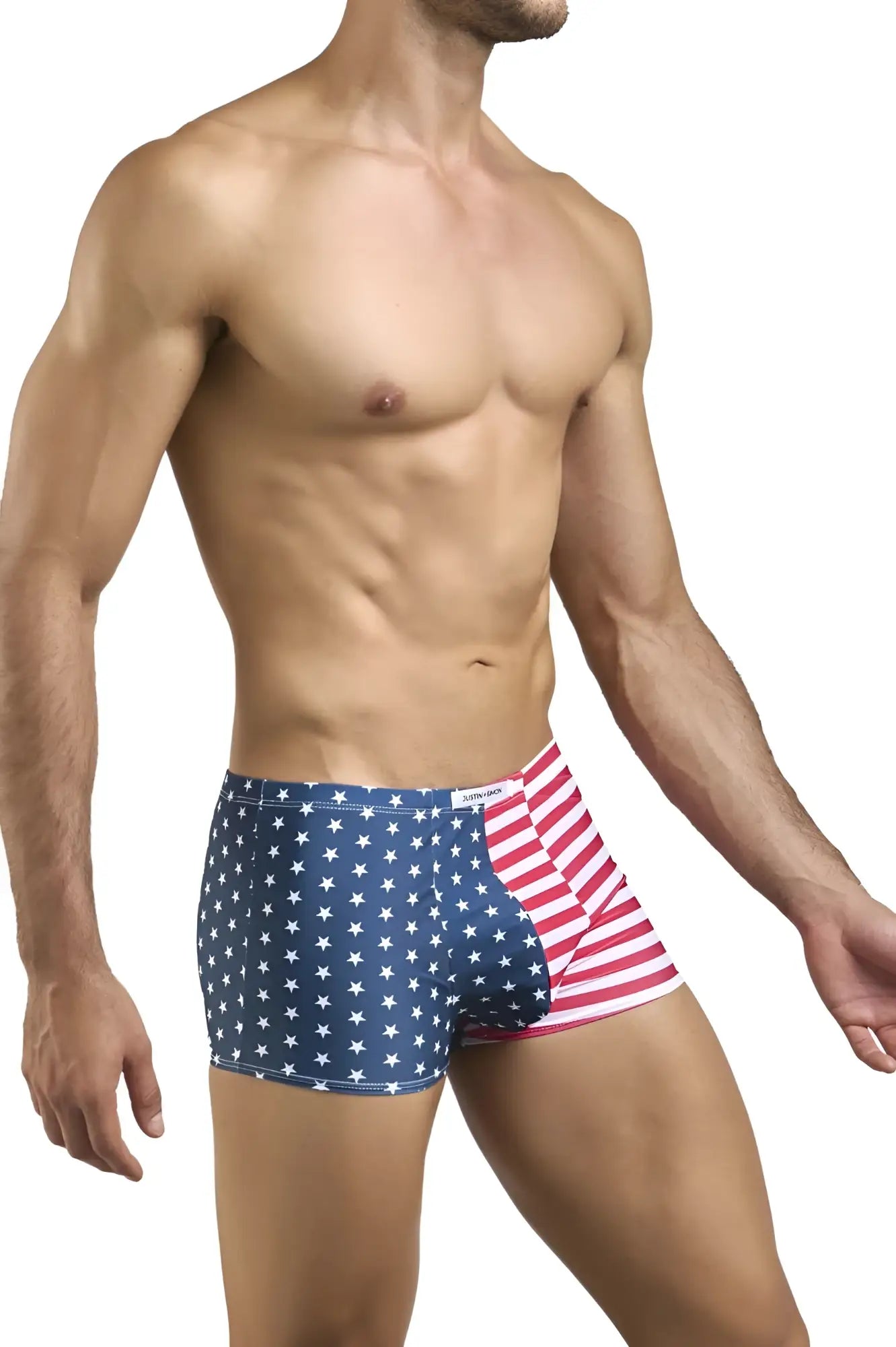 Justin+Simon xsj08 classic boxer briefs with blue red stripes and white stars in a usa flag split design