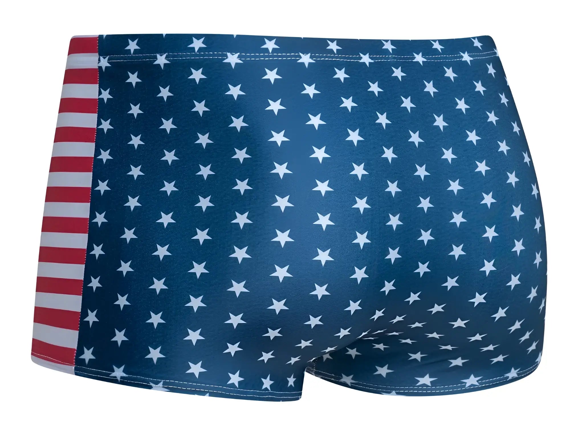 Blue swim trunks with white stars and red and white striped side panel by justin simon classic boxer usa flag design