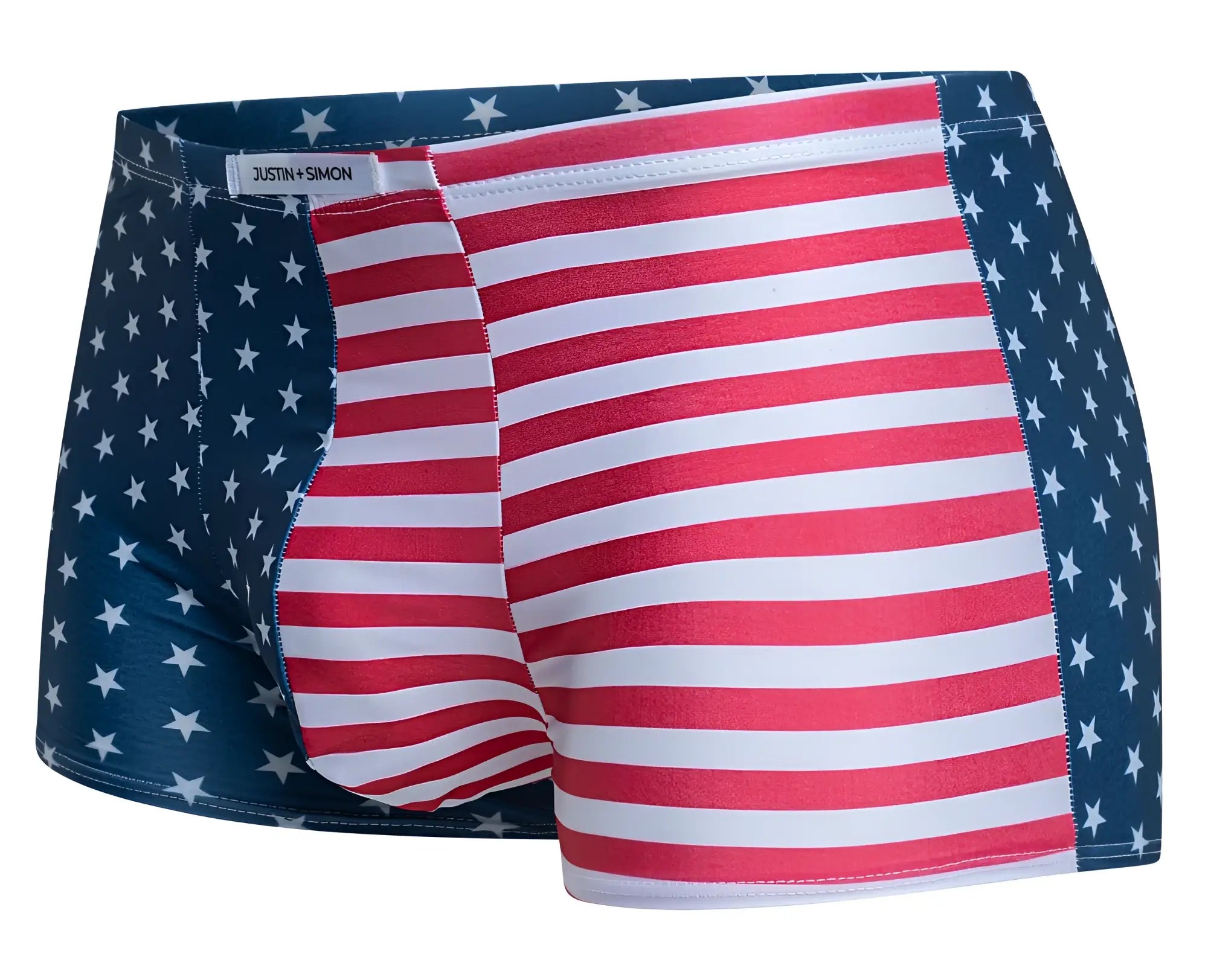 Justin simon xsj08 classic men’s boxer briefs with bold american flag design featuring red white stripes and navy stars