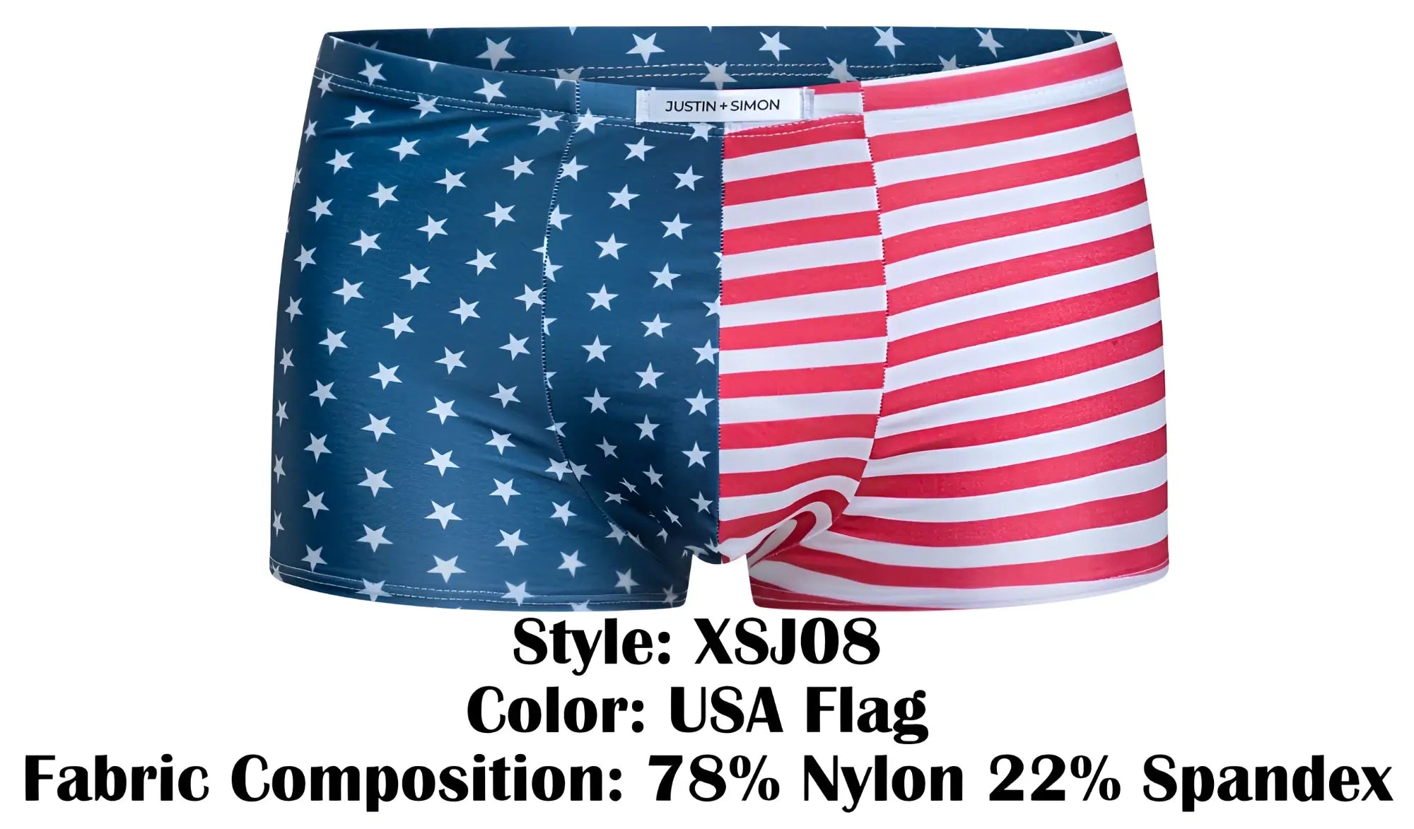 Justin+Simon XSJ08 classic boxer briefs in usa flag pattern with blue star left side, red white stripe right side, 78 nylon 22 spandex