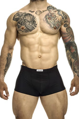 Black men’s briefs justin simon xsj08 classic trunks with white brand label on waistband in black color