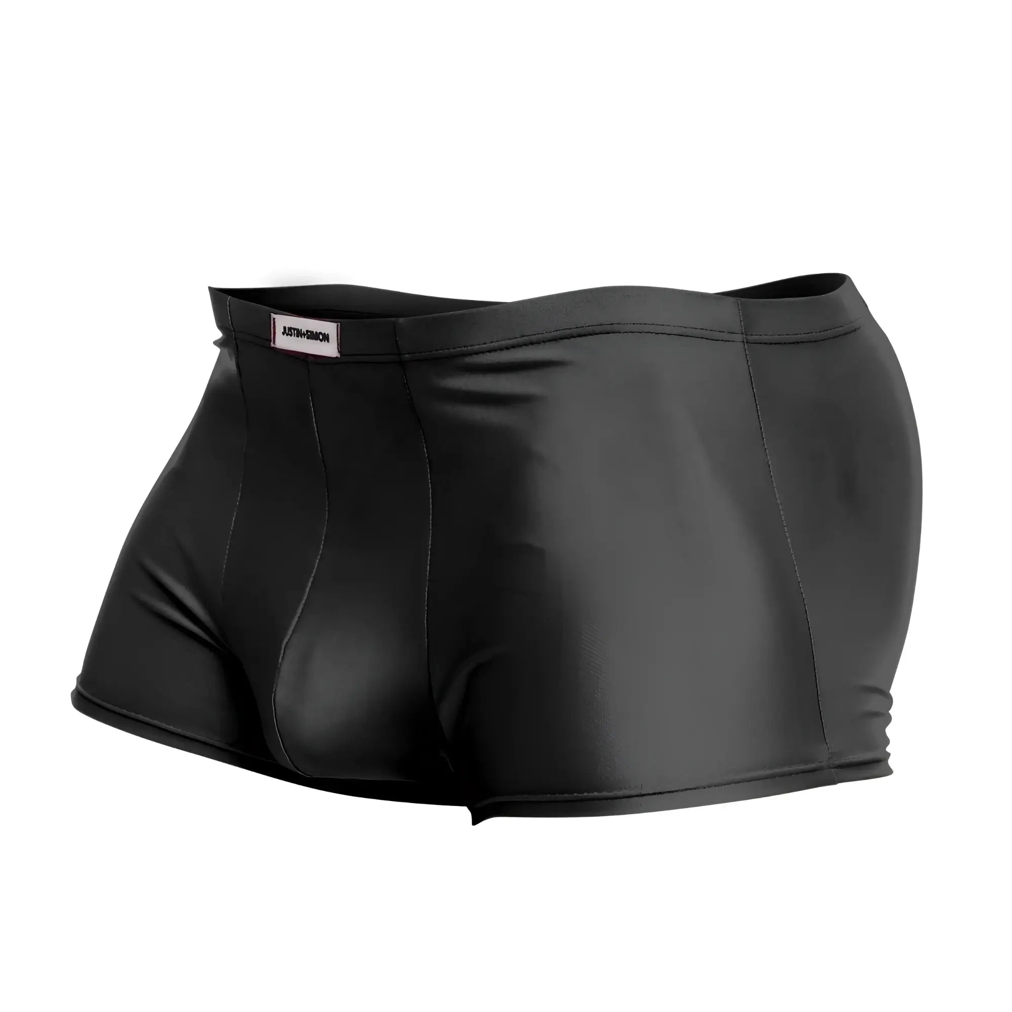 Black shiny form-fitting justin simon xsj08 classic trunks with sleek smooth material and subtle waistband label