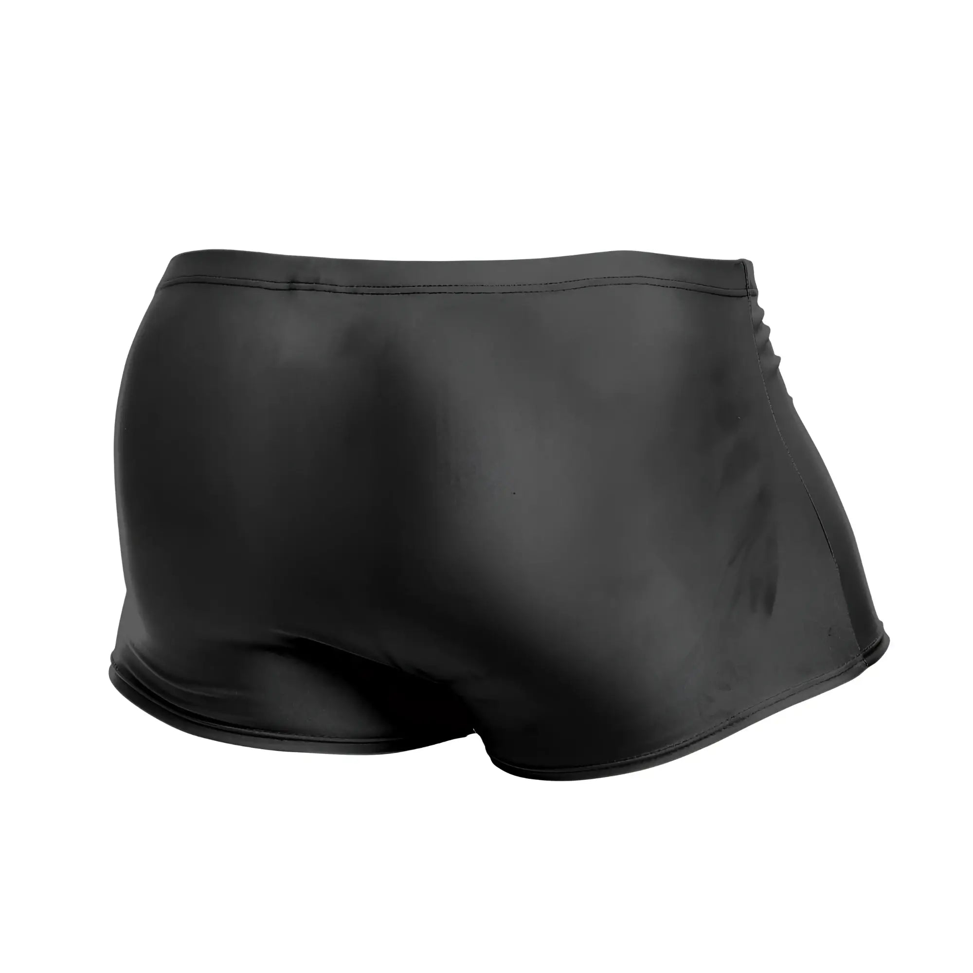 Black shiny form-fitting swim trunks with a smooth glossy finish by JUSTIN SIMON model XSJ08 color black