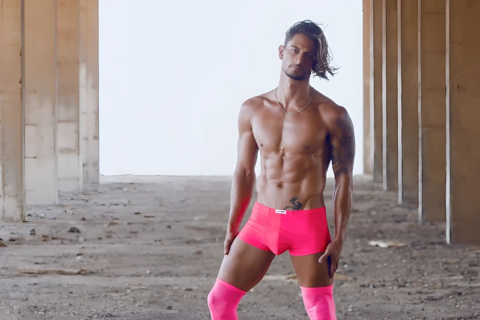Justin Simon xsj08 classic trunks coral bright pink athletic briefs with a white brand tag at the waistband