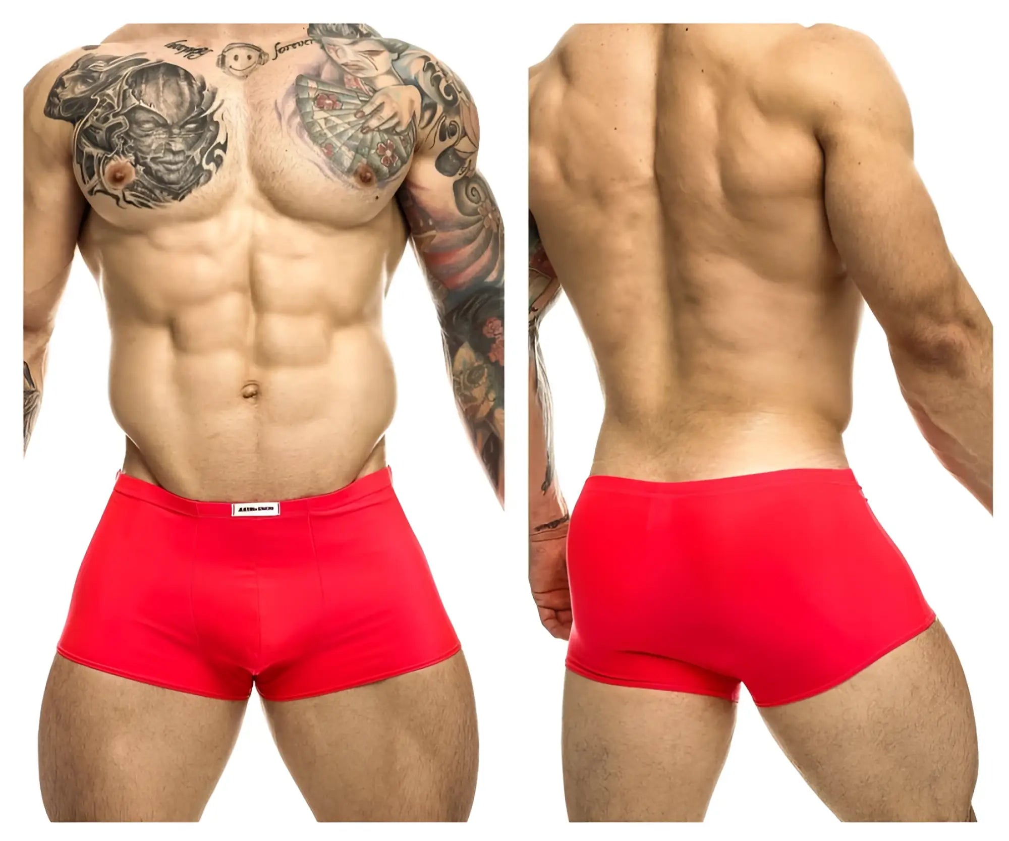 Coral bright red form-fitting boxer briefs with a small white justin simon brand tag at the waistband