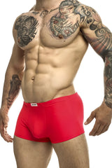Justin+Simon XSJ08 classic coral briefs with a small white brand tag on the waistband in cotton fabric