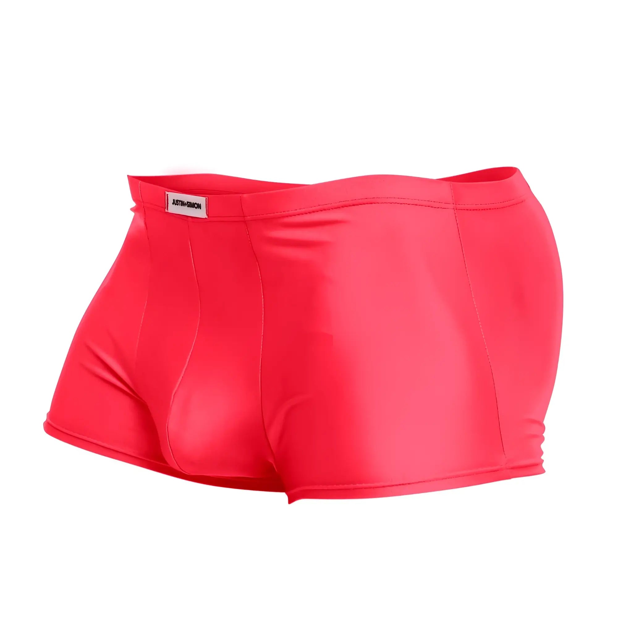 Vibrant red glossy finish justin simon xsj08 classic trunks with sleek form fitting design and branded waistband label