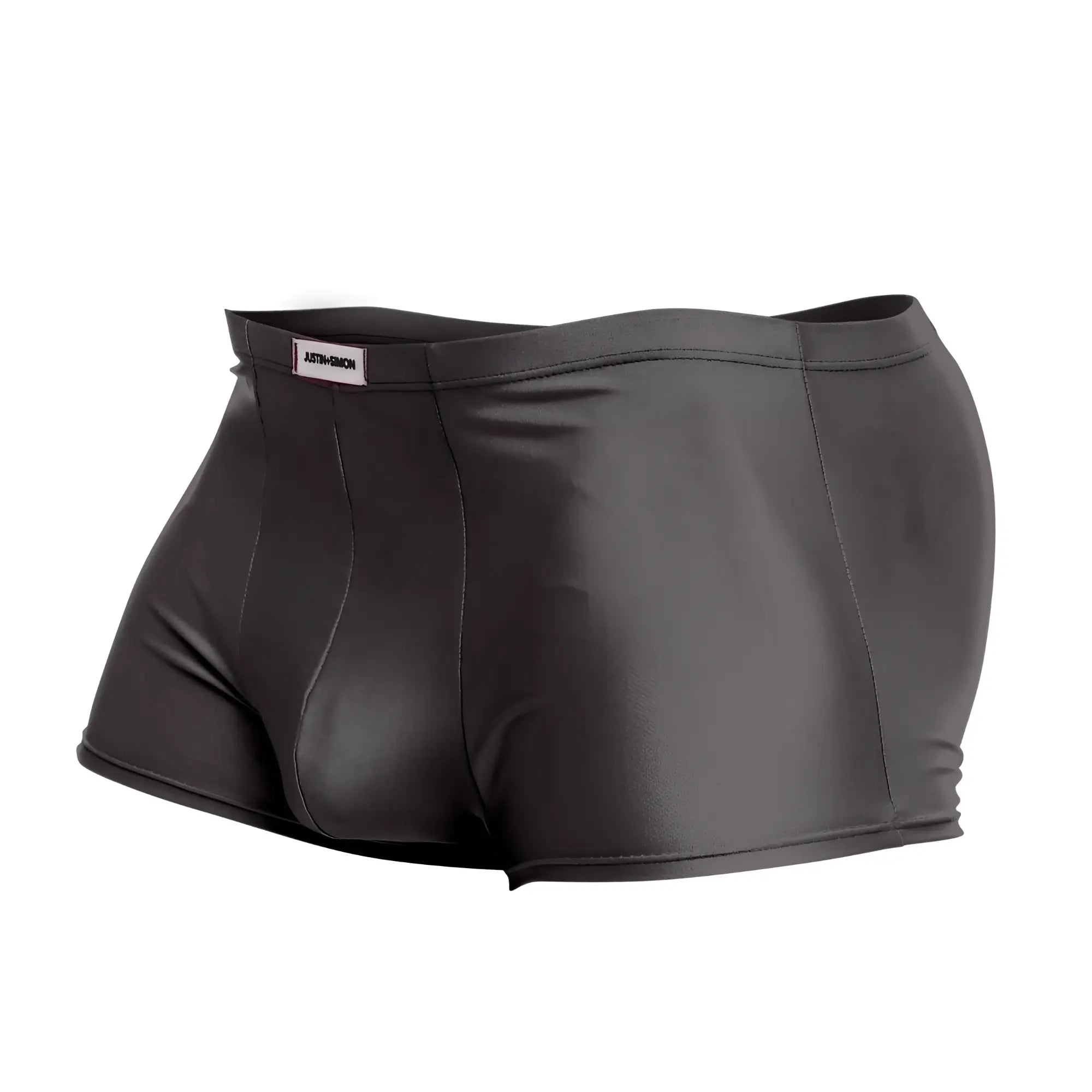 Black shiny faux leather briefs with sleek form-fitting design and branded waistband in justin simon xsj08 classic trunks gray