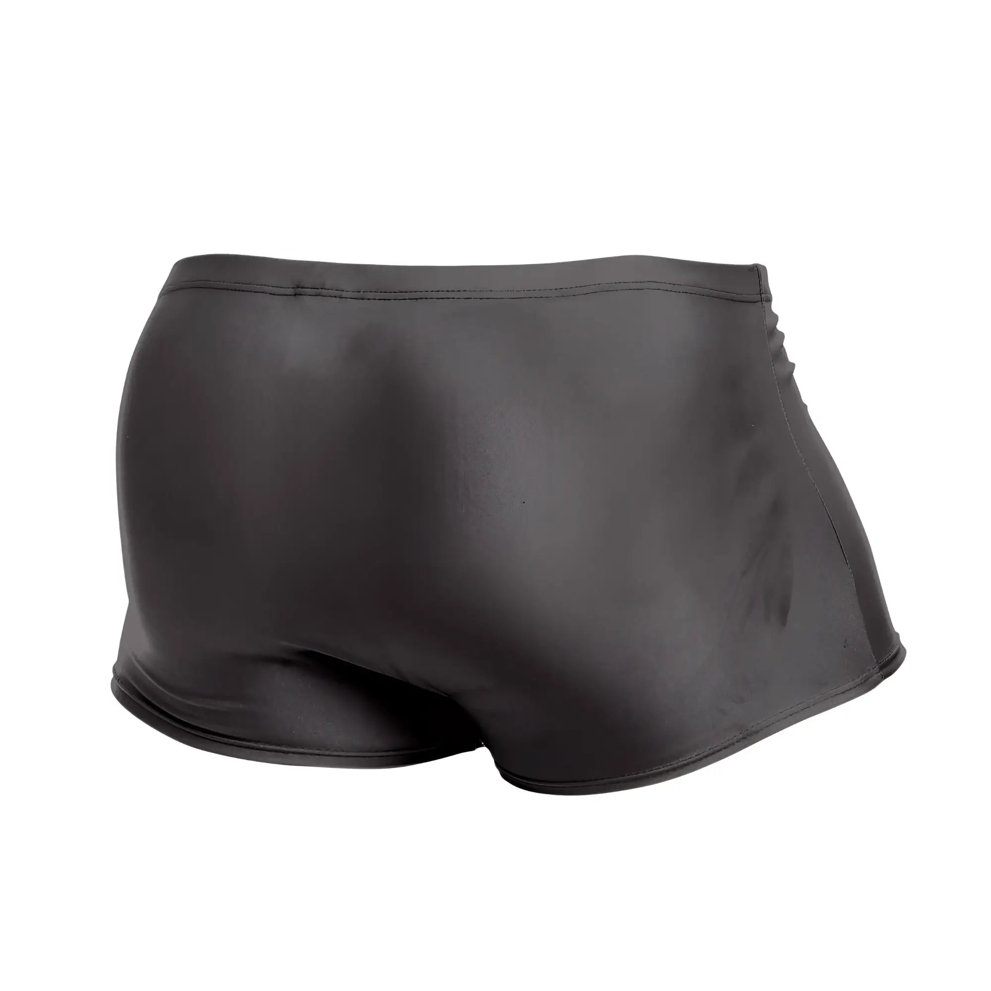 Justin+Simon XSJ08 classic black shiny form-fitting swim trunks with a smooth glossy finish for swimming use