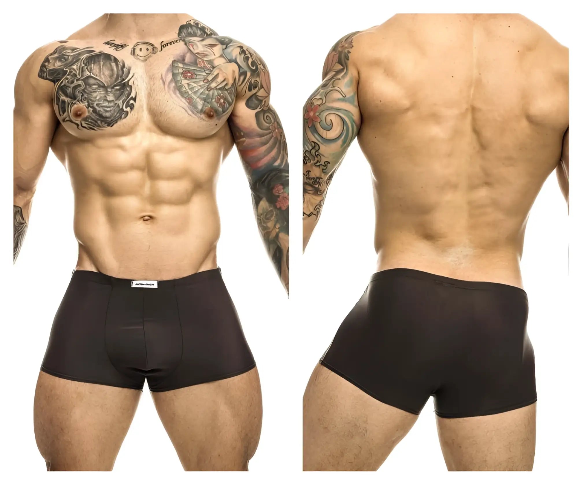 Black justin simon xsj08 classic trunks with subtle brand tag on waistband in gray color