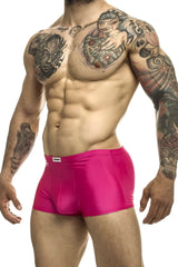 Bright pink shiny fabric briefs with white justin simon brand tag on waistband for classic trunks xsj08 model