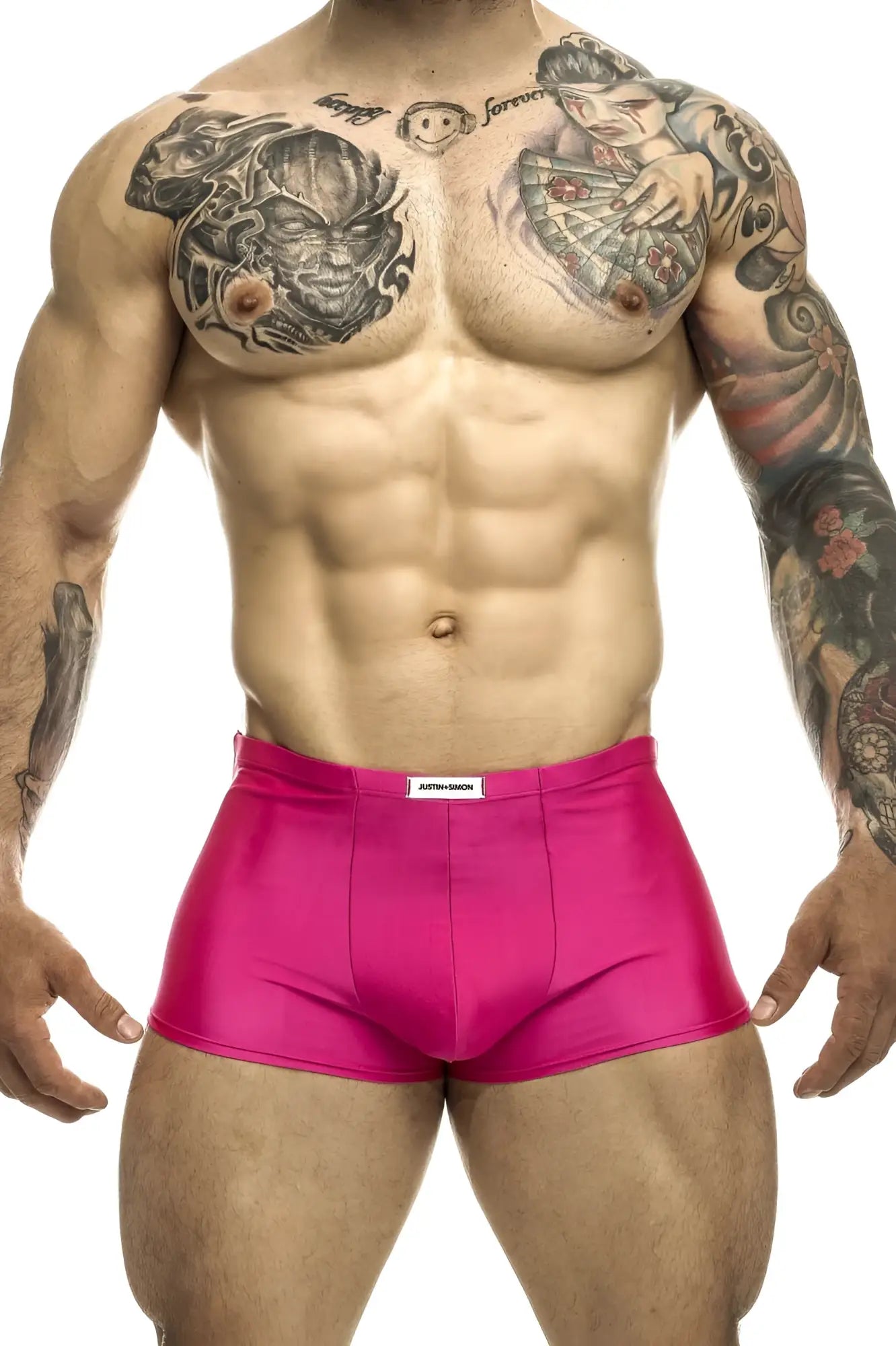 Justin simon xsj08 classic trunks bright pink shiny fabric briefs with white brand tag at the waistband
