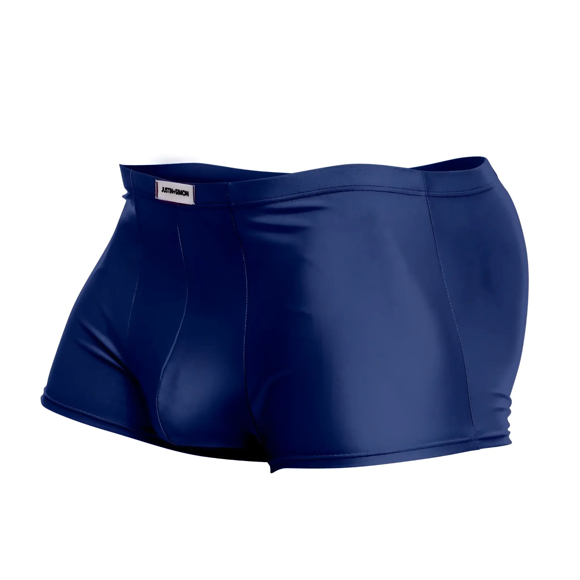 Navy blue shiny fabric briefs with branded waistband label in justin simon xsj08 classic trunks royal blue color