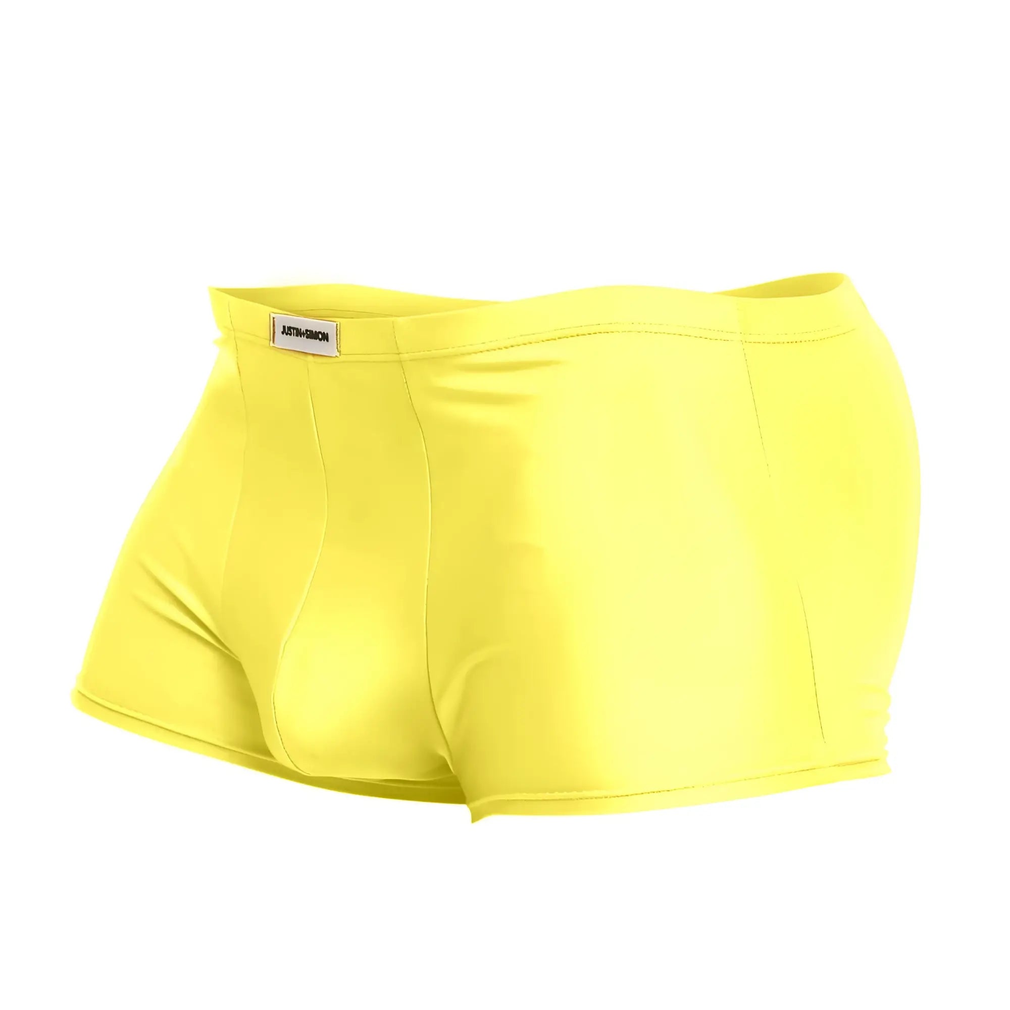 Justin+Simon XSJ08 classic trunks in bright yellow with sleek stretchy fabric and subtle brand tag at waistband