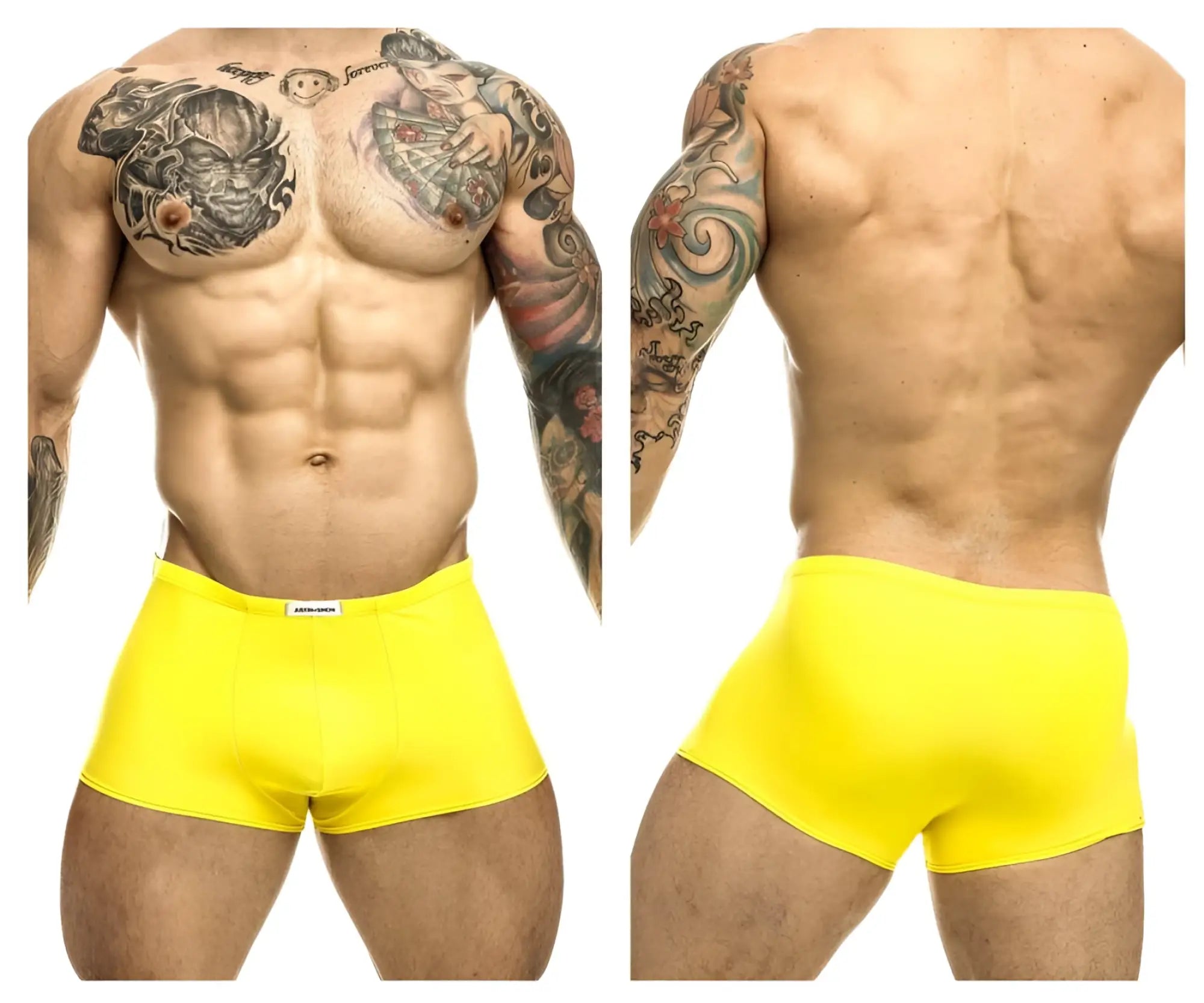 Bright yellow form-fitting men’s briefs with a small white brand tag at the waistband by JUSTIN+SIMON XSJ08 Classic Trunks