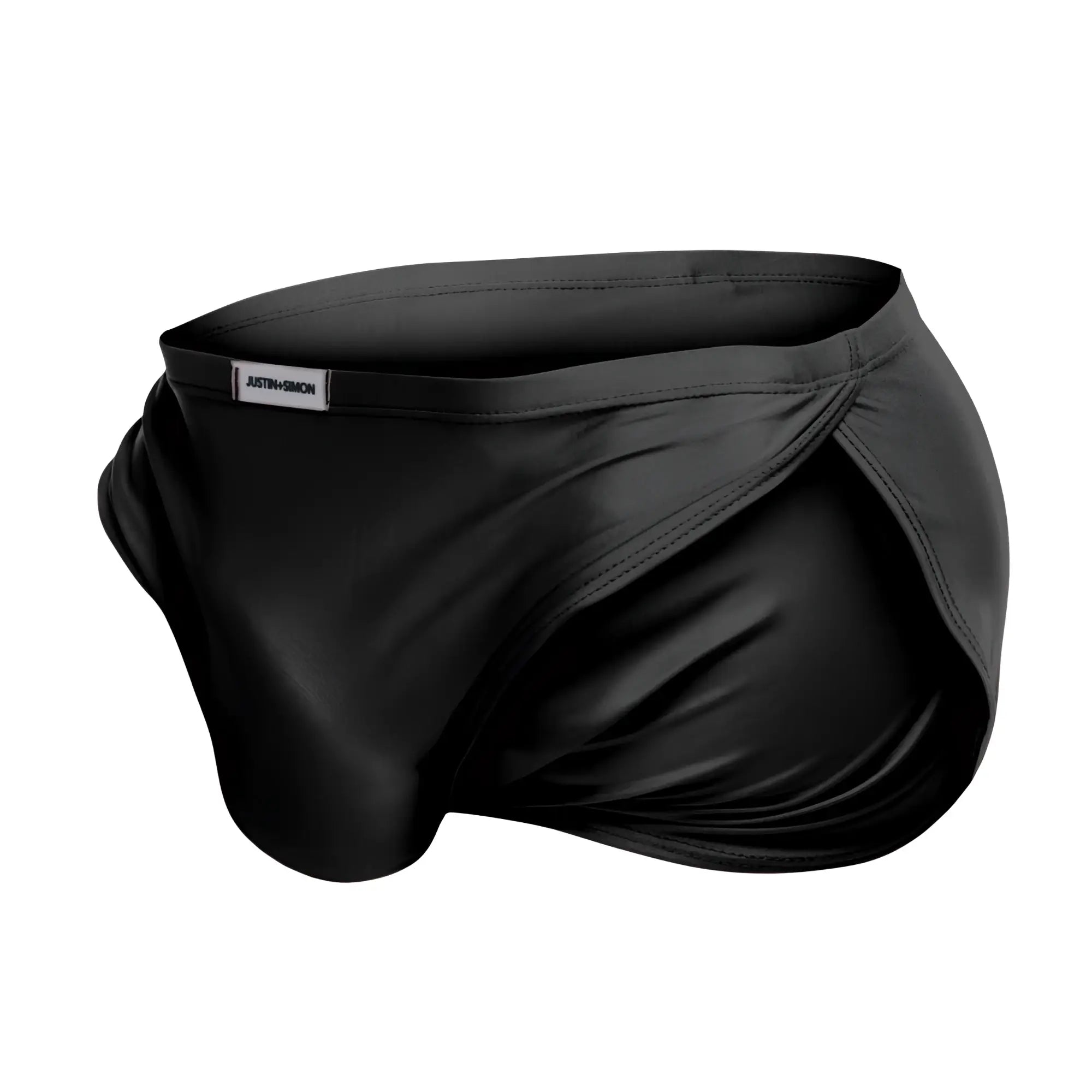 Justin simon XSJ09 running shorts in black satin material with sleek form-fitting design and subtle brand tag at waistband