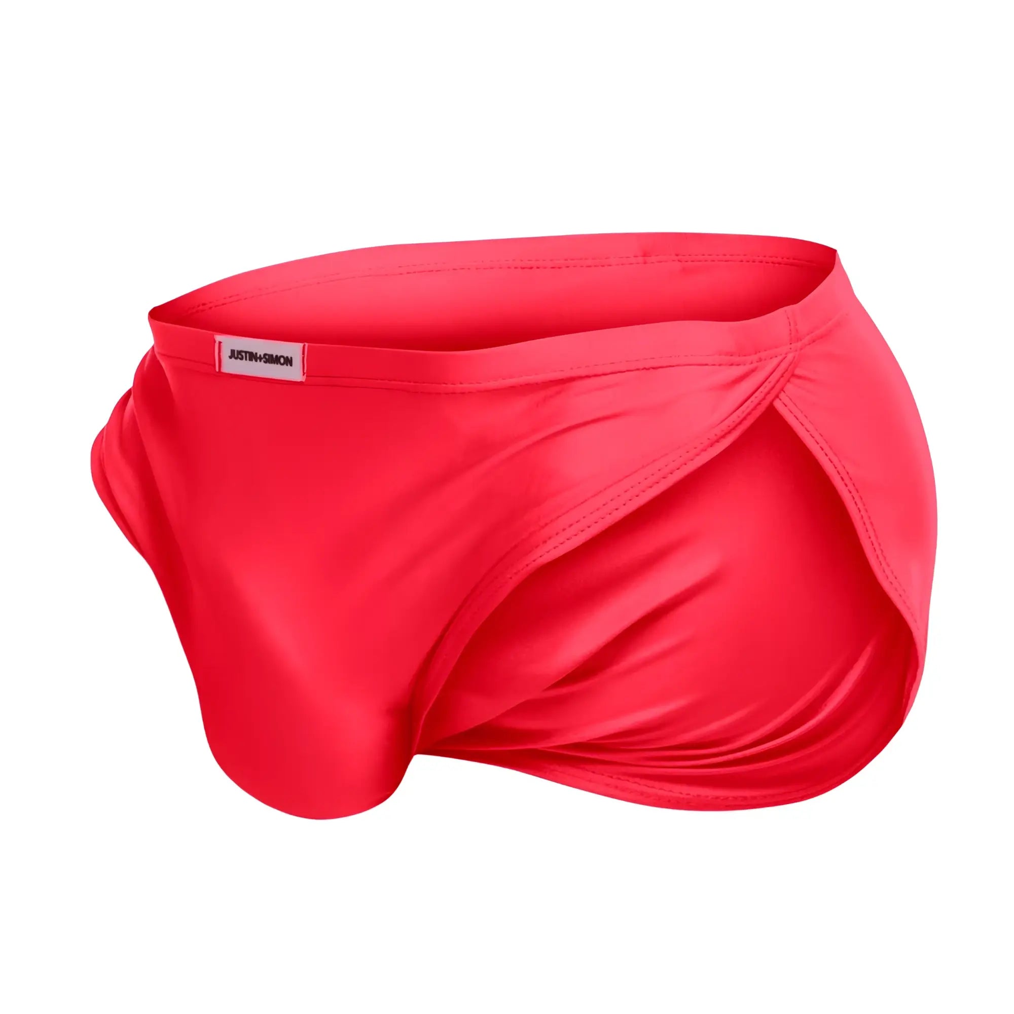 Bright red smooth satin-like briefs with sleek design and branded waistband label in justin simon xsj09 running shorts coral