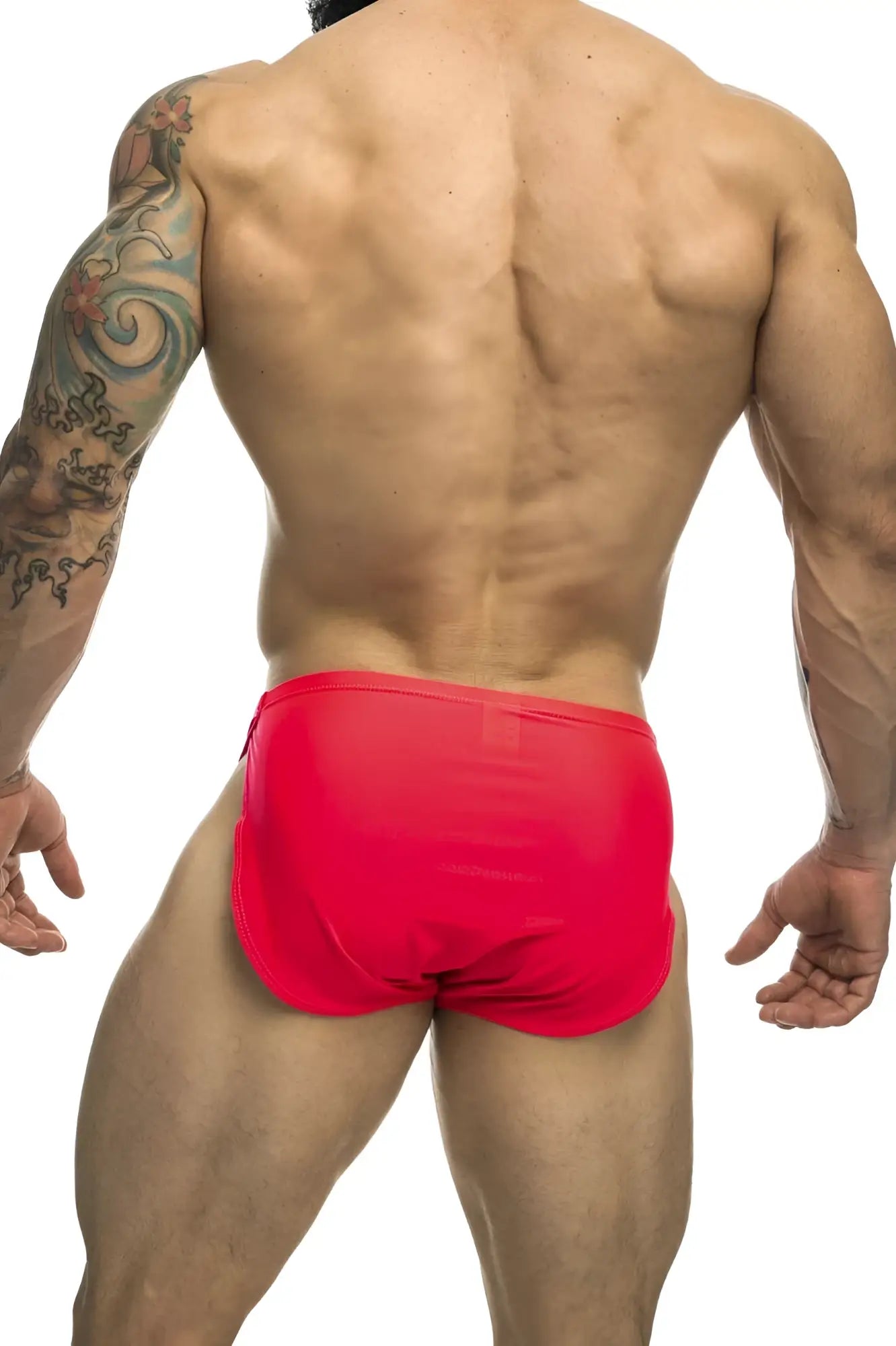 Bright red form-fitting swim trunks justin simon xsj09 running shorts in coral designed for active wear