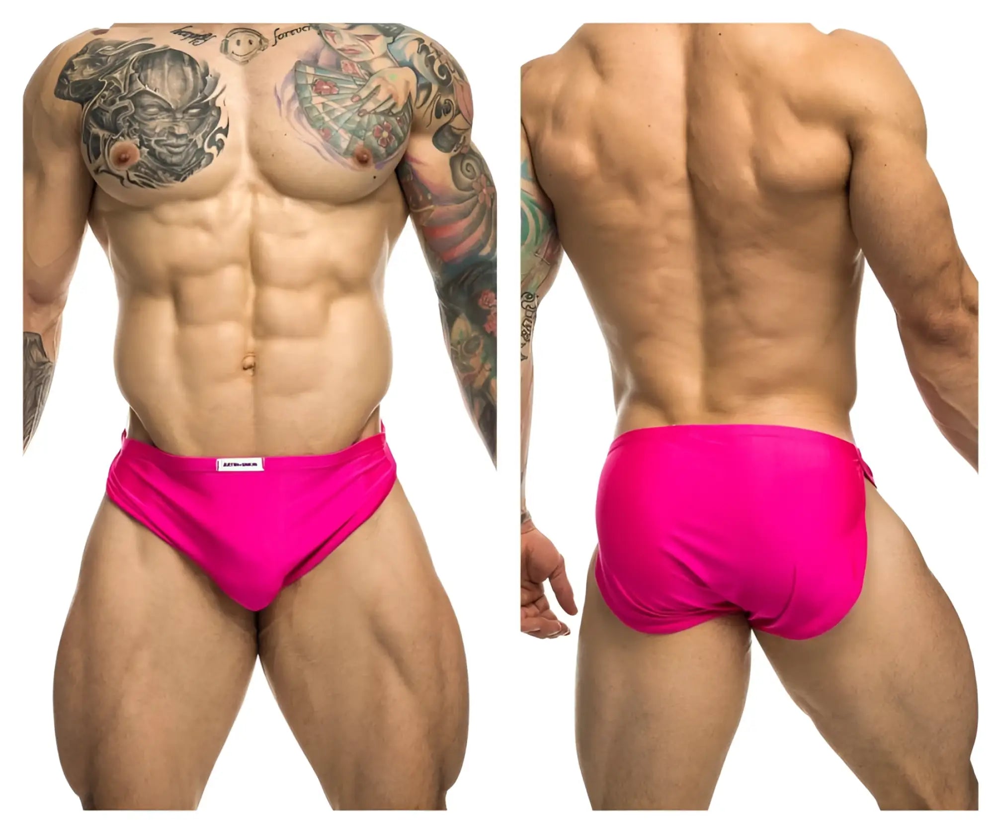 Vibrant hot pink justin simon xsj09 running shorts with a small white brand tag on the waistband