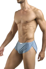 Light blue justin simon xsj09 running briefs with subtle side slit and white brand tag at waistband