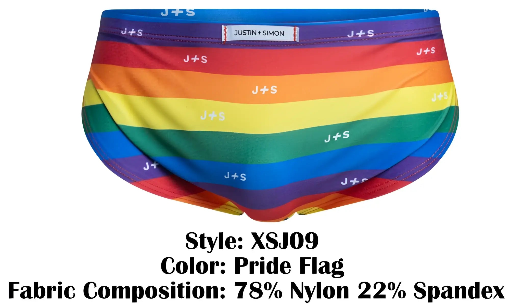 Justin+Simon xsj09 rainbow-striped men’s briefs in pride flag colors with j+s logo pattern