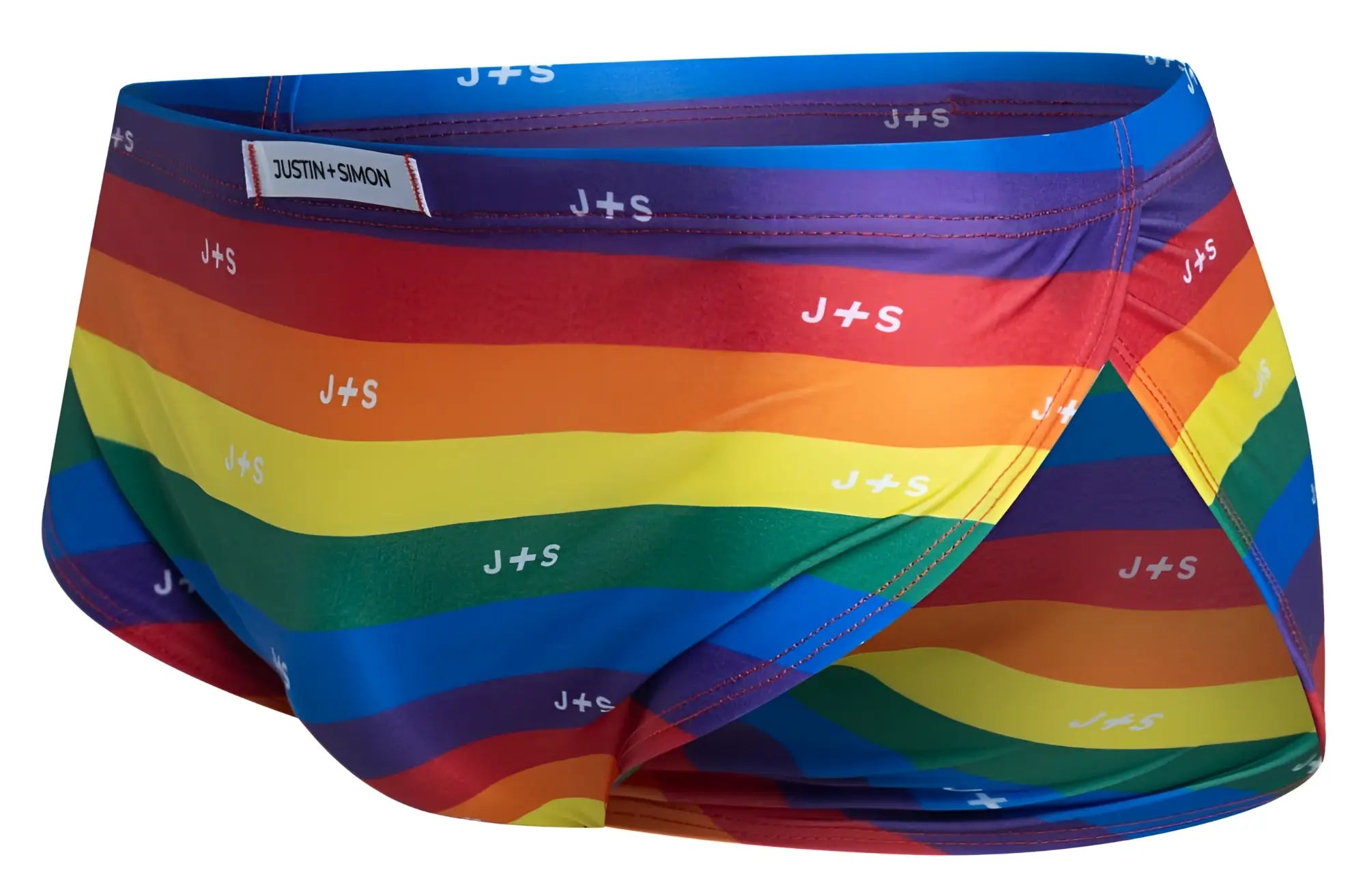 Rainbow-striped men’s briefs with j+s logo on each color band from justin+simon xsj09 color pride flag running shorts