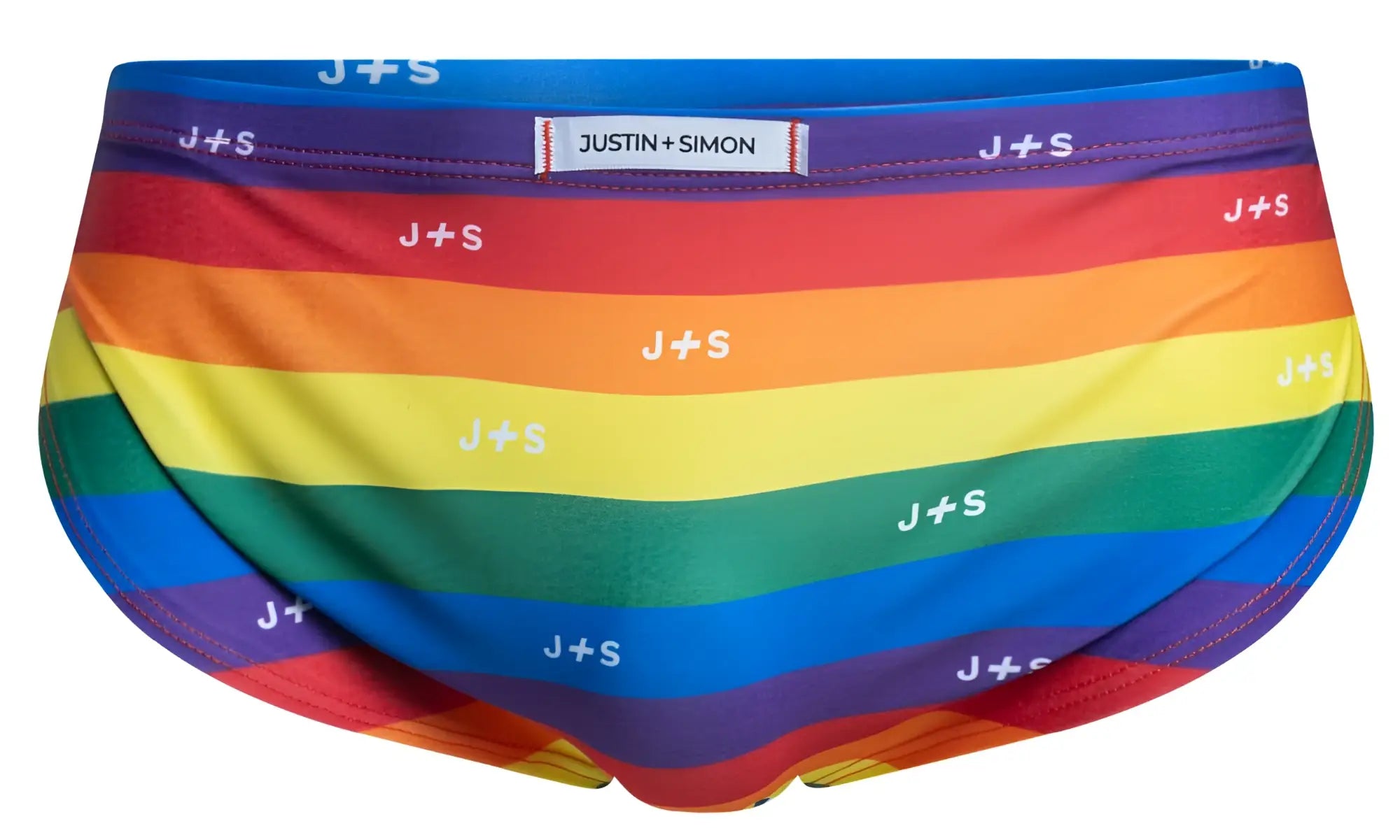 Rainbow-striped mens briefs by justin+simon with repeating white j+s logo from the pride flag running shorts line