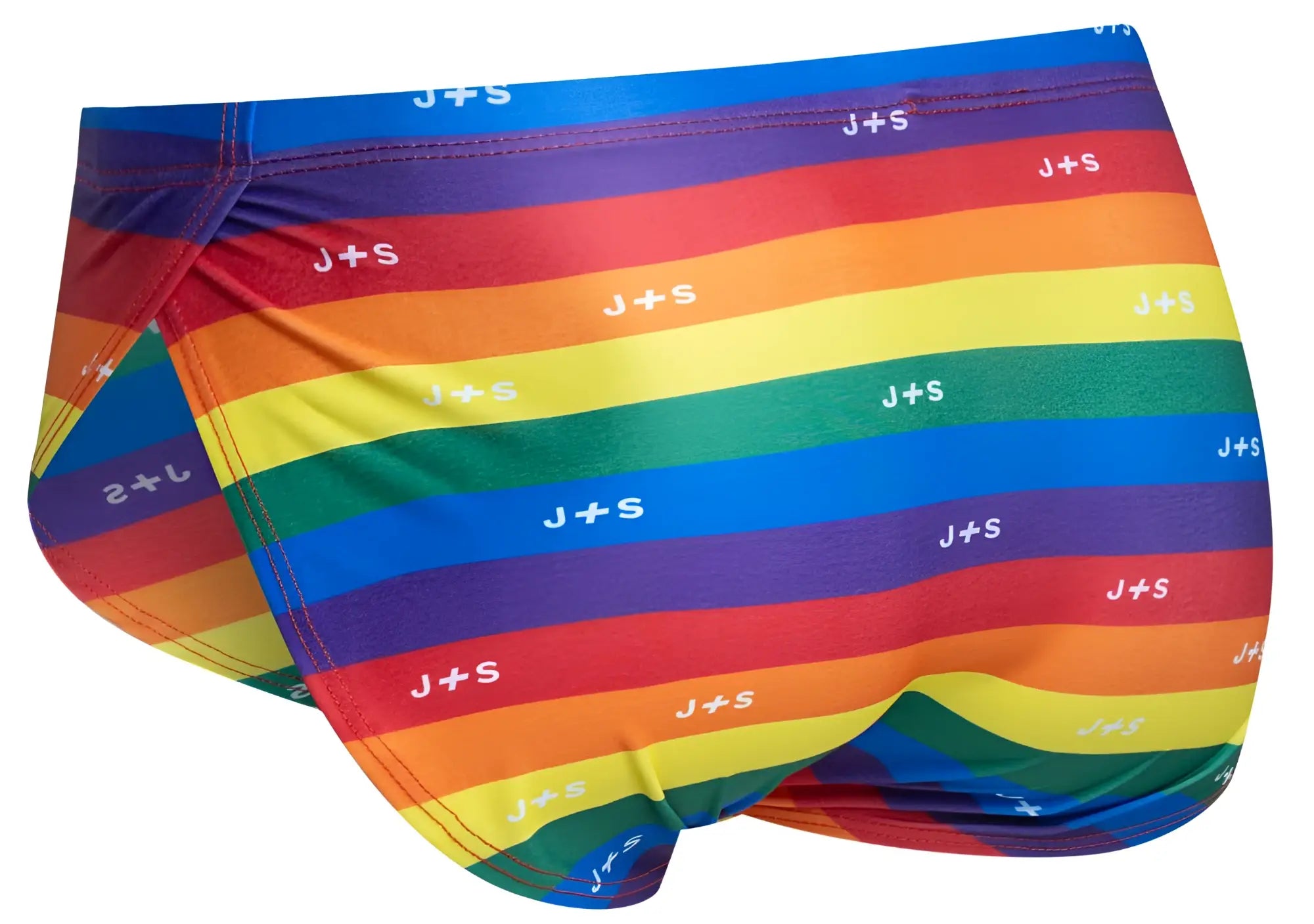 Rainbow-striped men’s briefs with j+s logo printed in white across each stripe from justin+simon xsj09 pride flag collection
