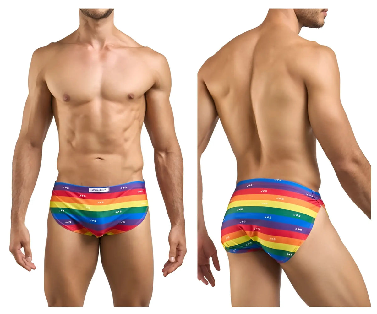 Rainbow-striped men’s briefs with repeating jes logo pattern from justin simon xsj09 running shorts color pride flag collection
